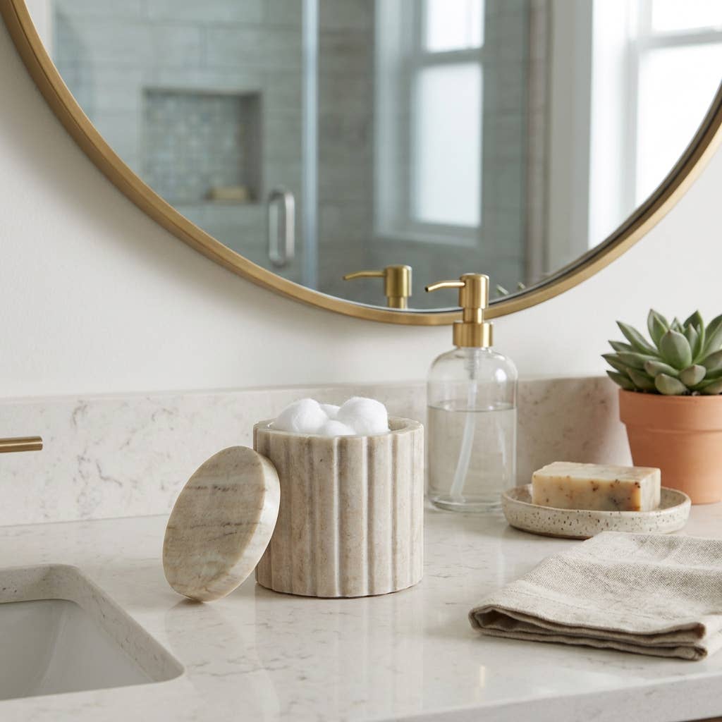 Beige ribbed Marble Canister