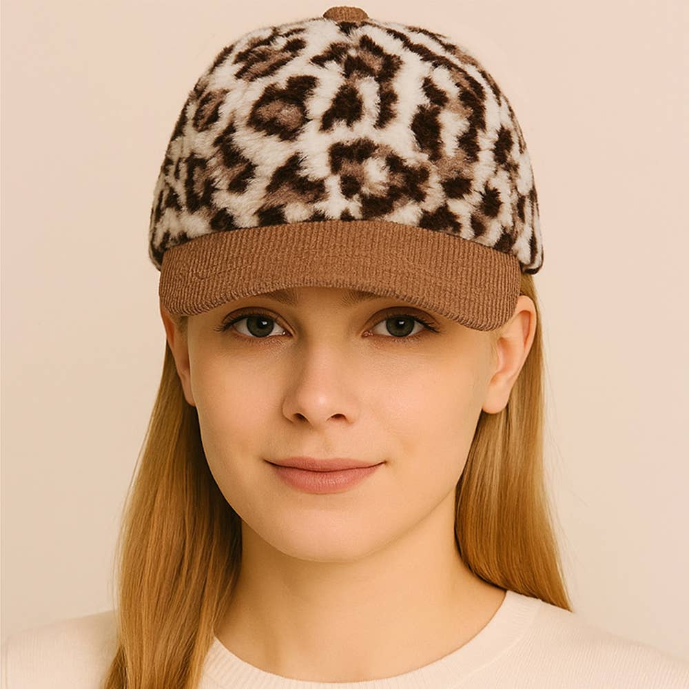 Corduroy Brim Leopard Print Teddy Bear Baseball Cap