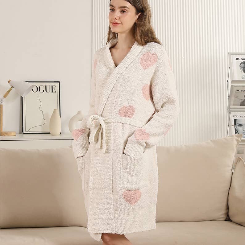 Heart Pattern Soft Robe with Front Pockets