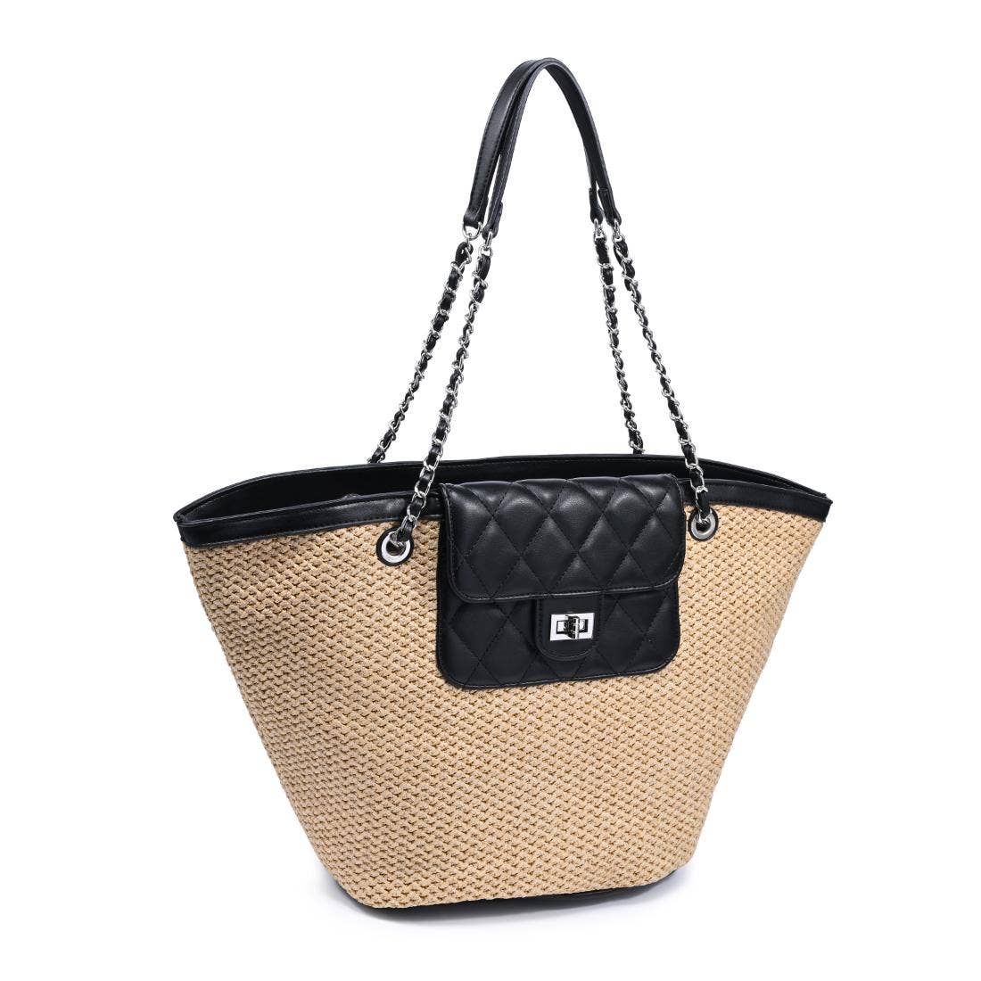 Woven Tote with quilted front pocket - natural black