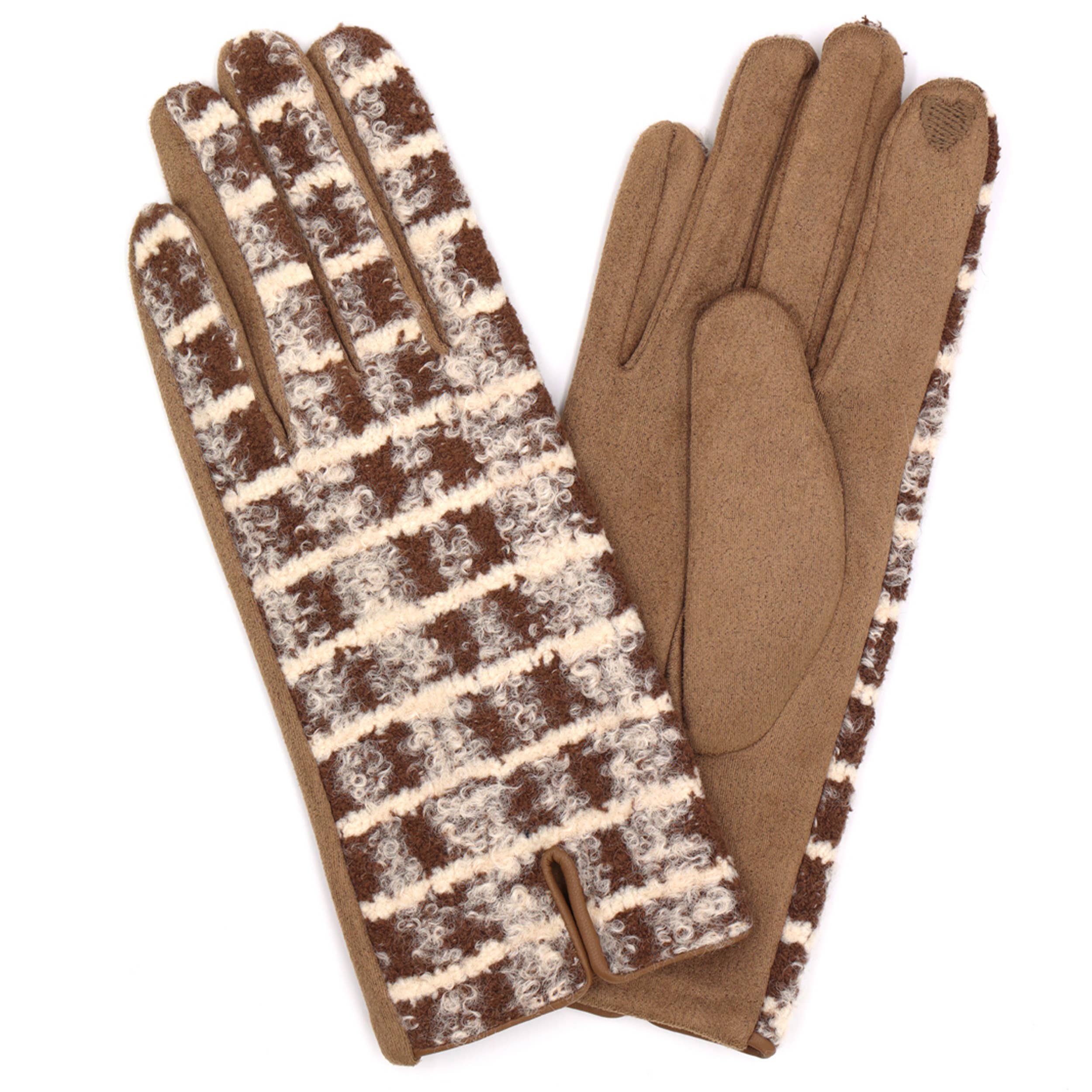 Fuzzy Check Plaid Pattern Smart Touch Gloves - brown