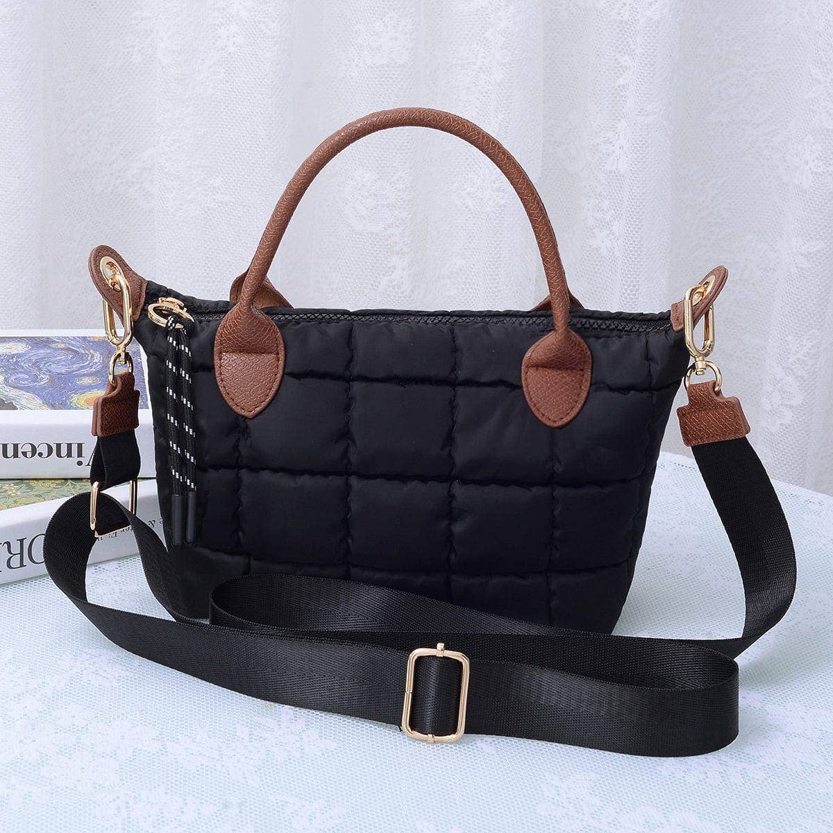 Quilted Puffer Satchel/Crossbody Bag - black