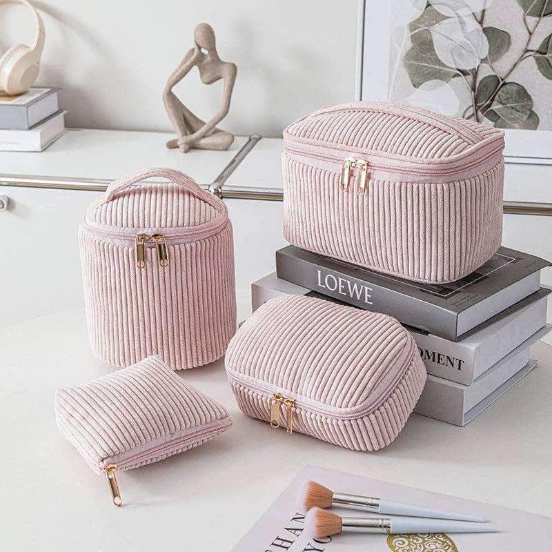 pink Corduroy cosmetic bag travel bag - 4 pc set