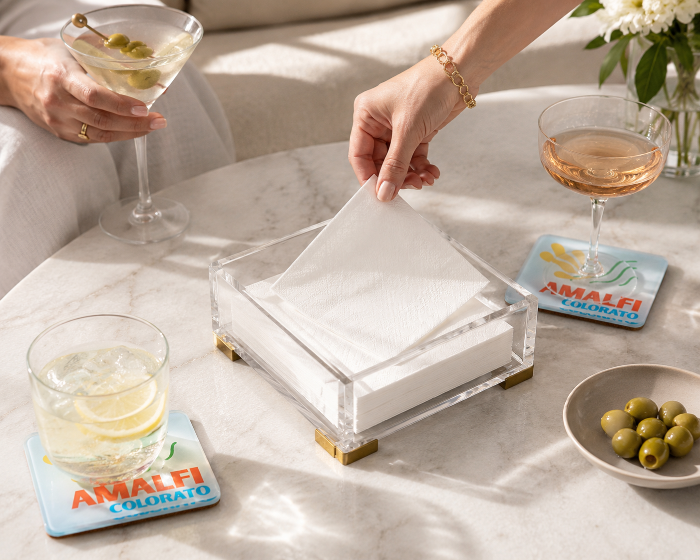 Clear Acrylic Cocktail Napkin Holder, Brass Corners
