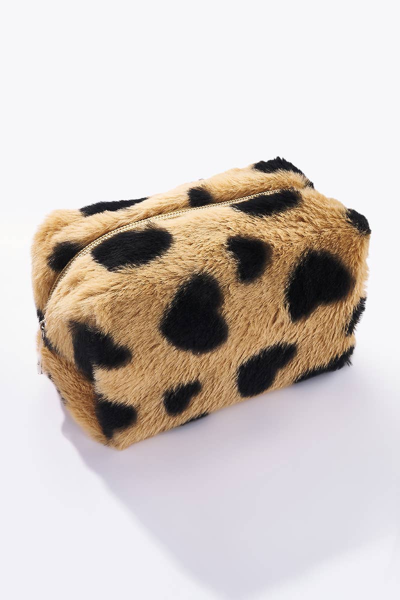 Heart pattern faux fur cosmetic bag
