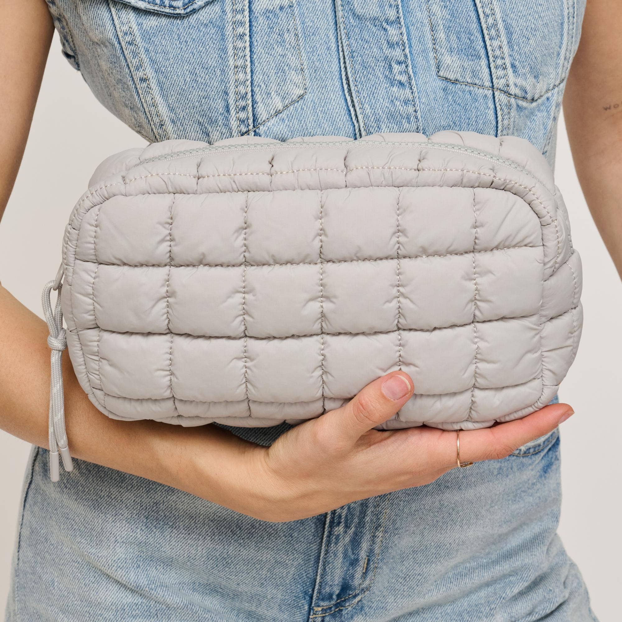 Cloud Nine Quilted Puffer Nylon Cosmetic Pouch - dove grey