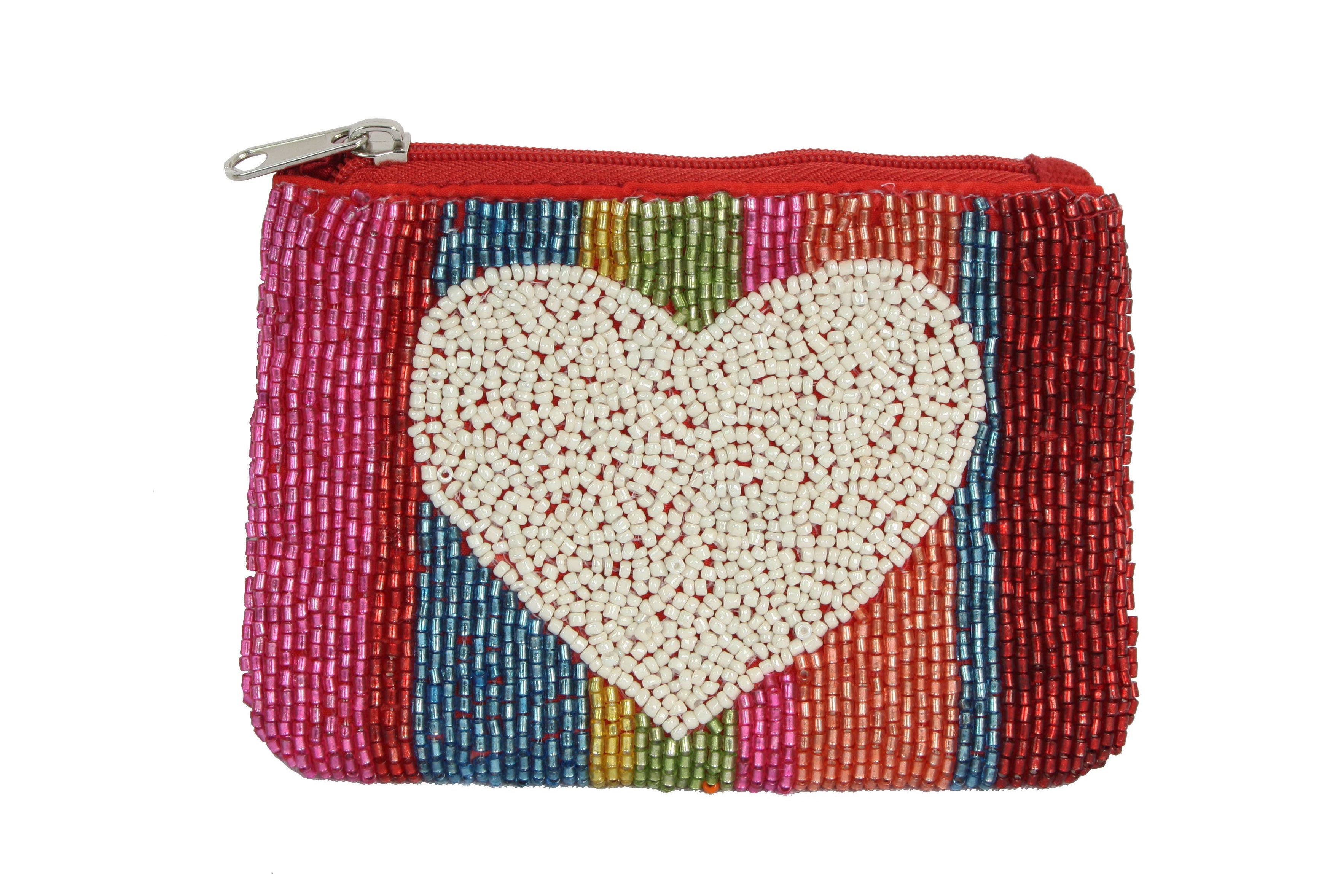 Fully Beaded Rainbow Heart Coin Purse