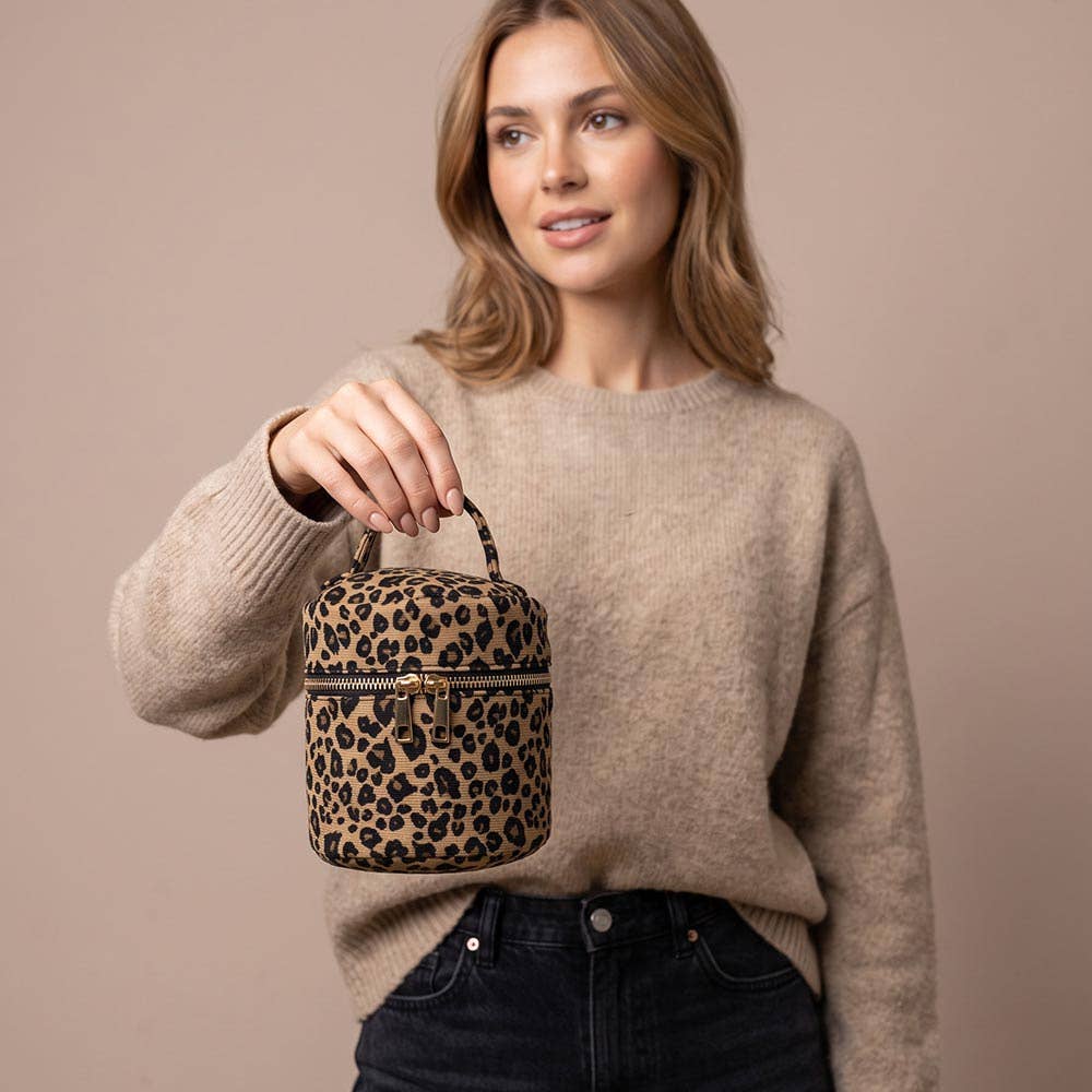 Leopard Print Cylinder Top Handle Bag