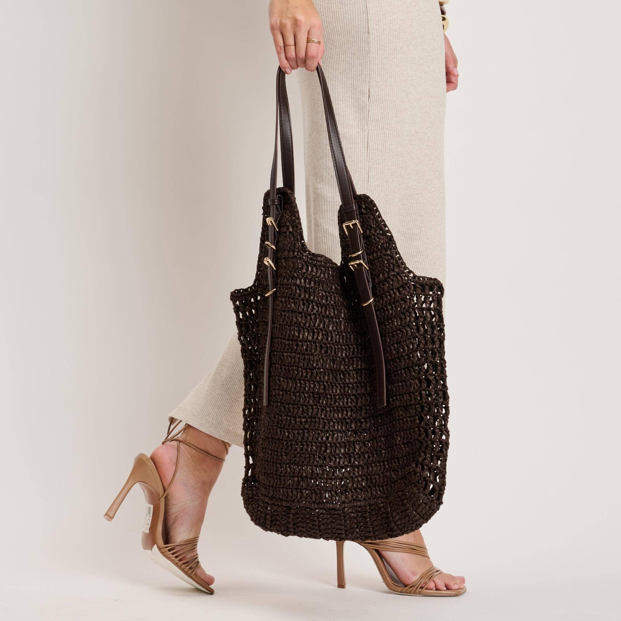 Handwoven Tote with buckle straps - chocolate