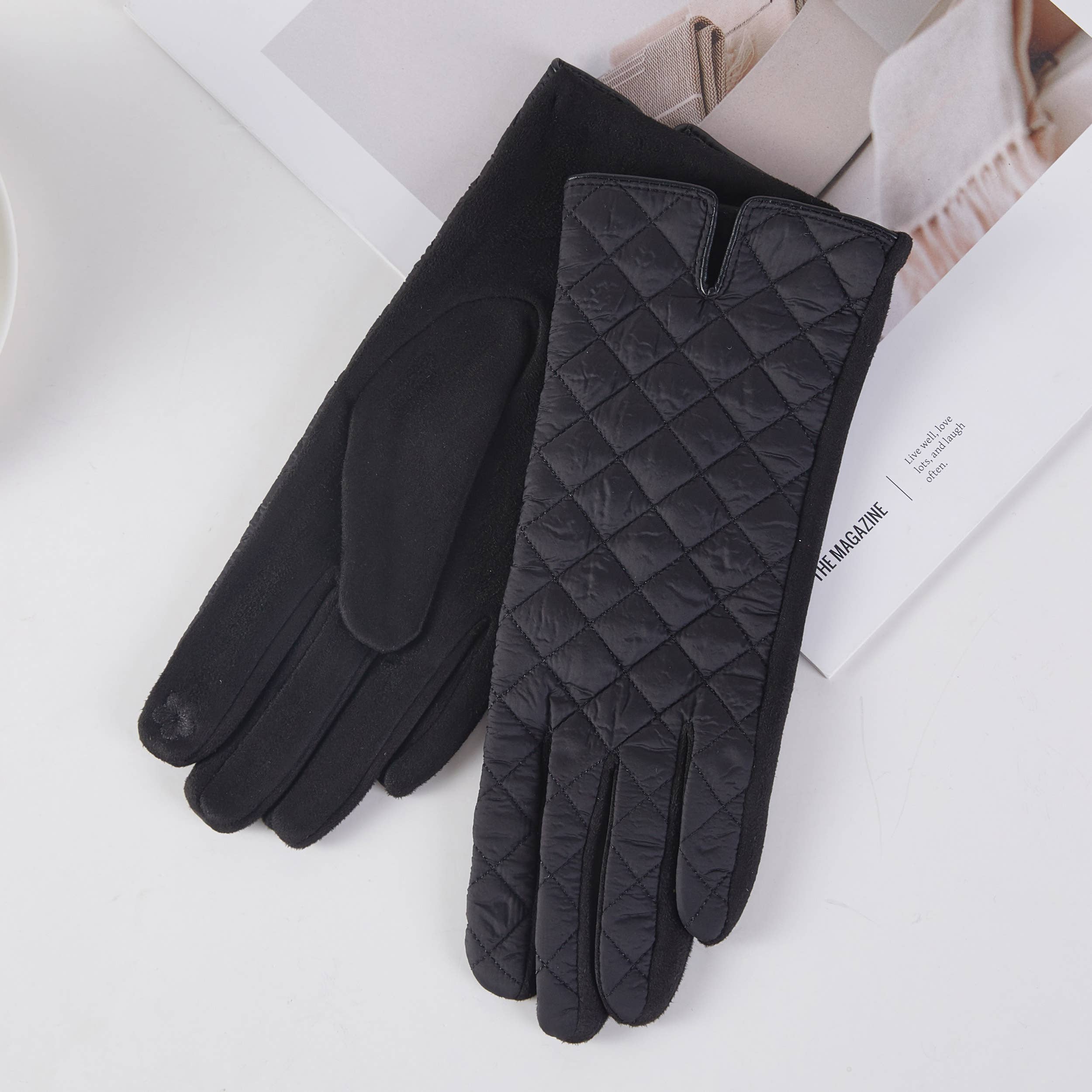 Quilted Pattern Center Opening Gloves - black