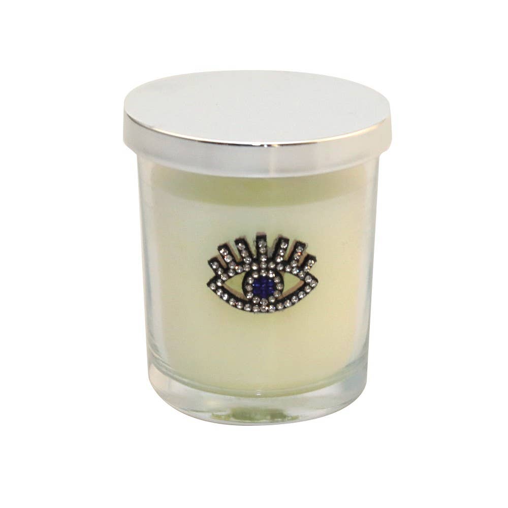 Silver evil eye patchouli candle