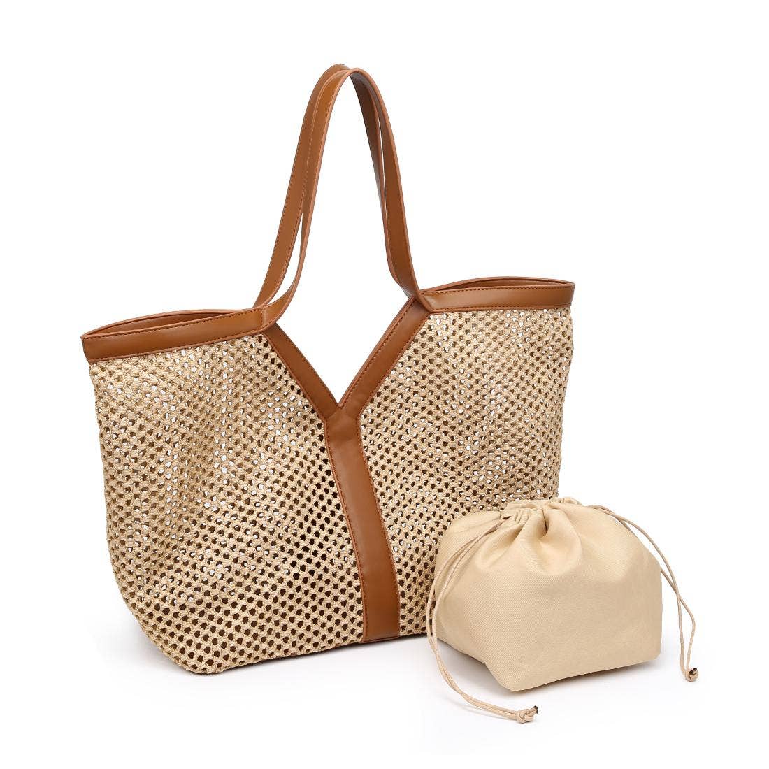 Large straw woven v-panel Tote