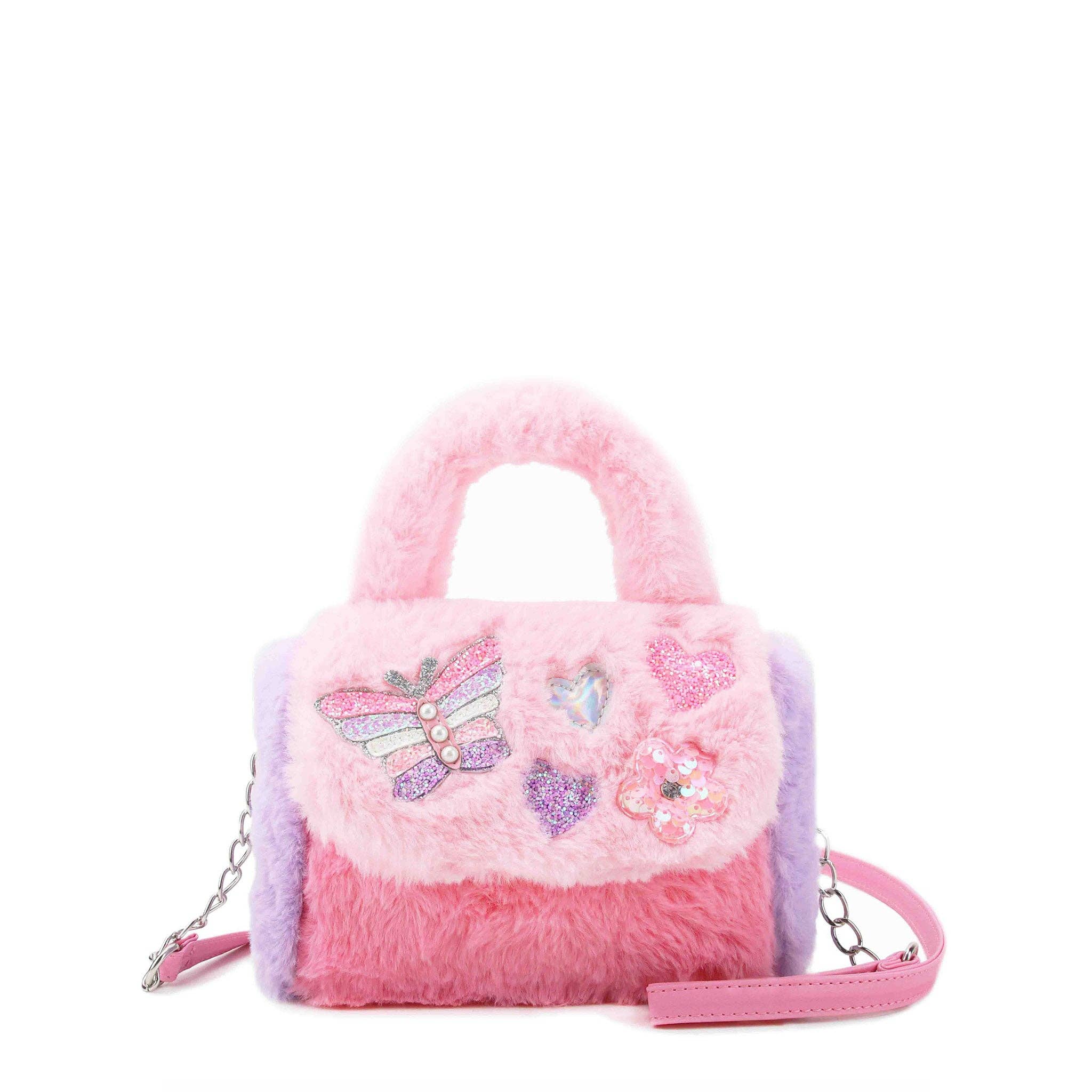 Butterfly, Heart, and Daisy Patched Plush Top Handle Mini Bag