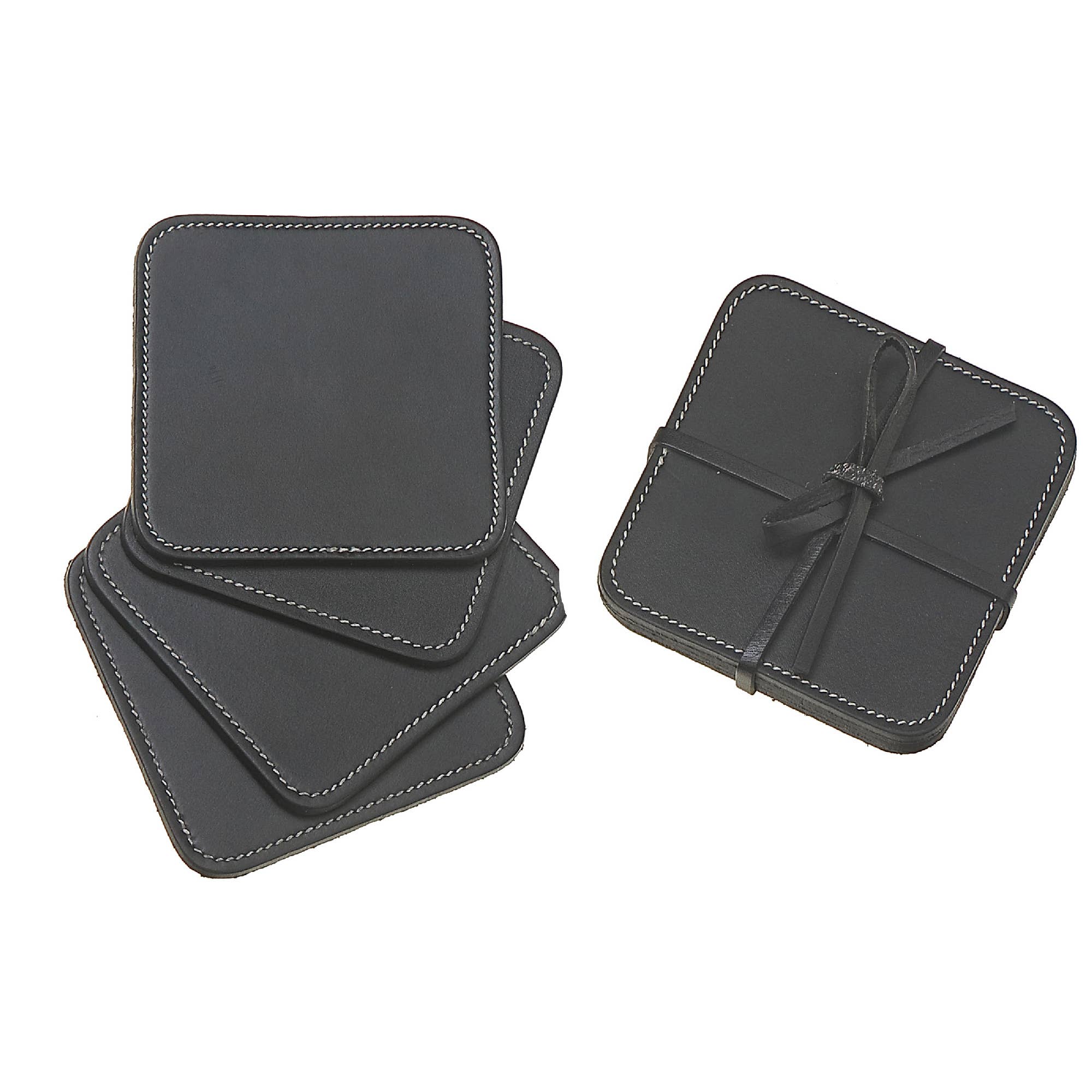 4Pc Square Genuine Leather Coasters Black