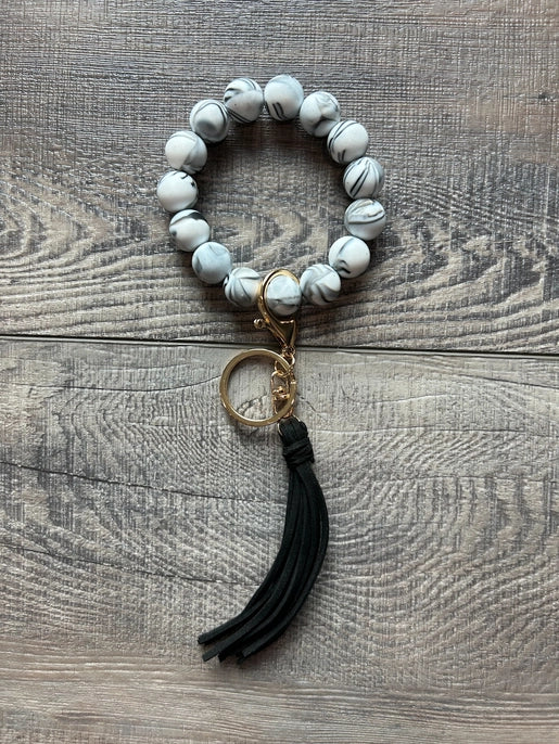 Porte-clés en perles de marbre en silicone avec pompon