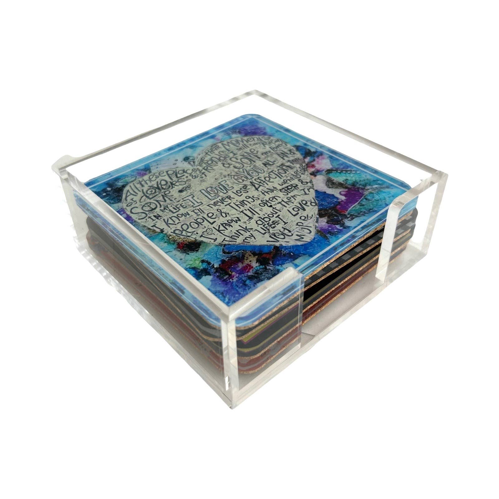 Set of 4 Acrylic Coasters in holder- Amour