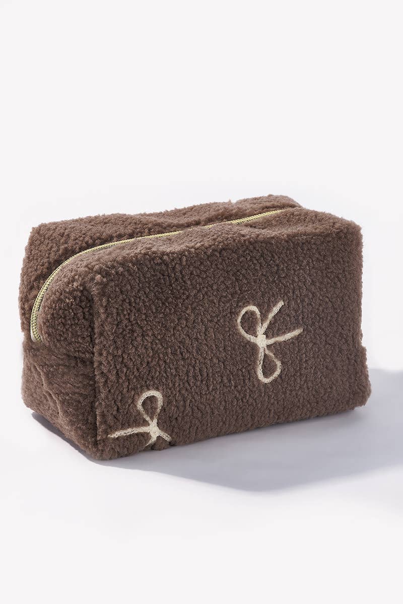Teddy makeup bag with bow - brown