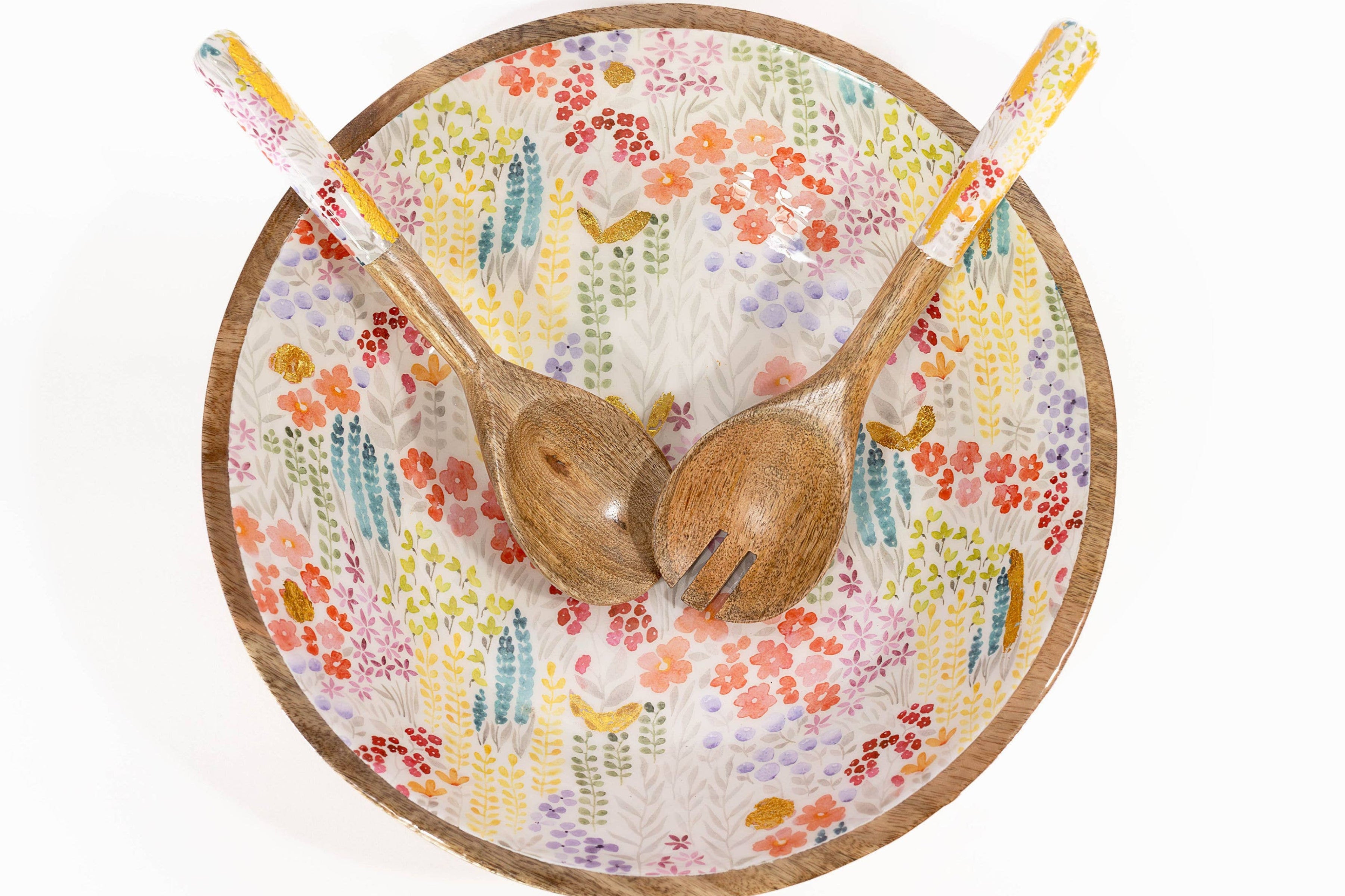 Large Floral Gold Foil Bowl and Salad Servers Set