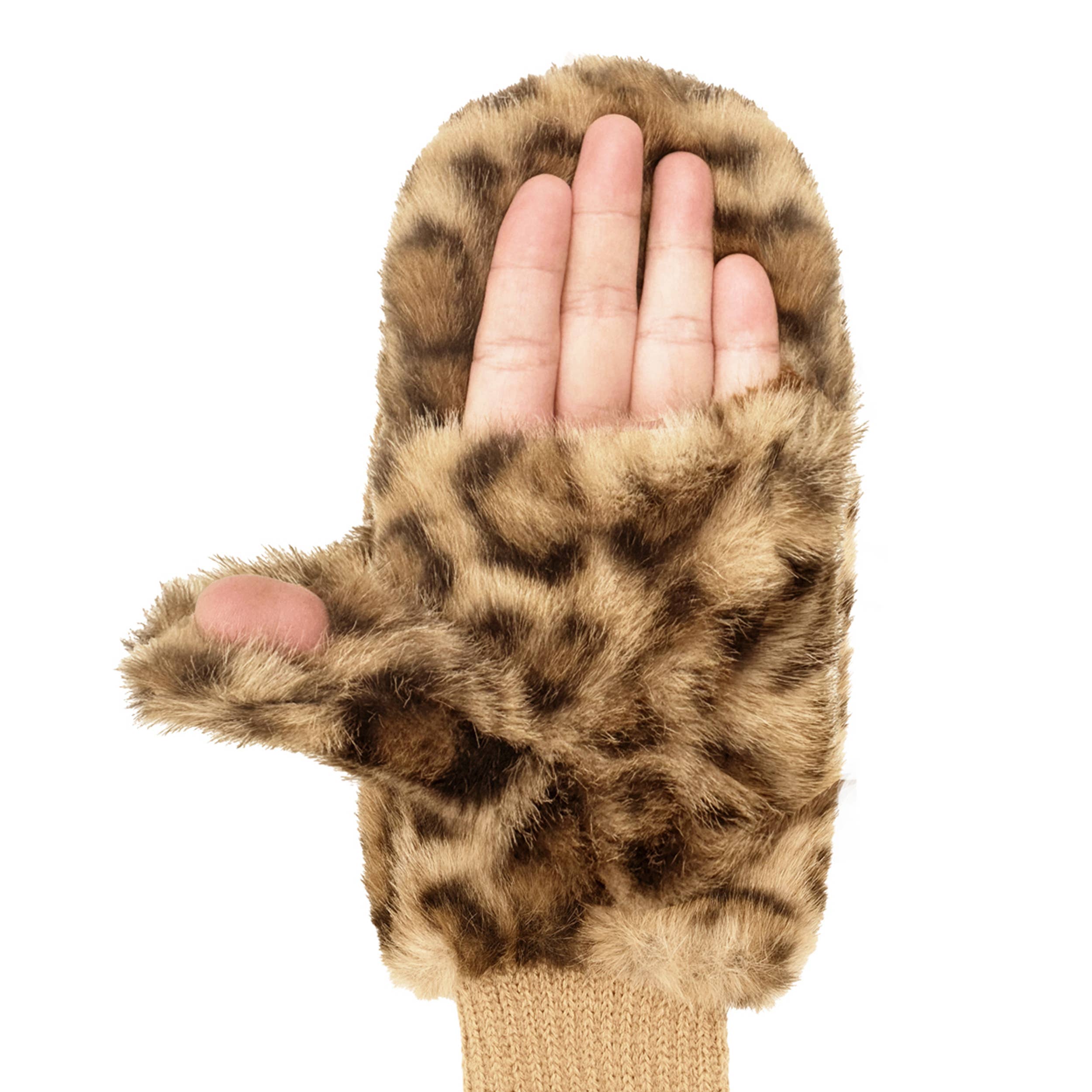 Leopard Fur Convertible Mitten Gloves - light brown