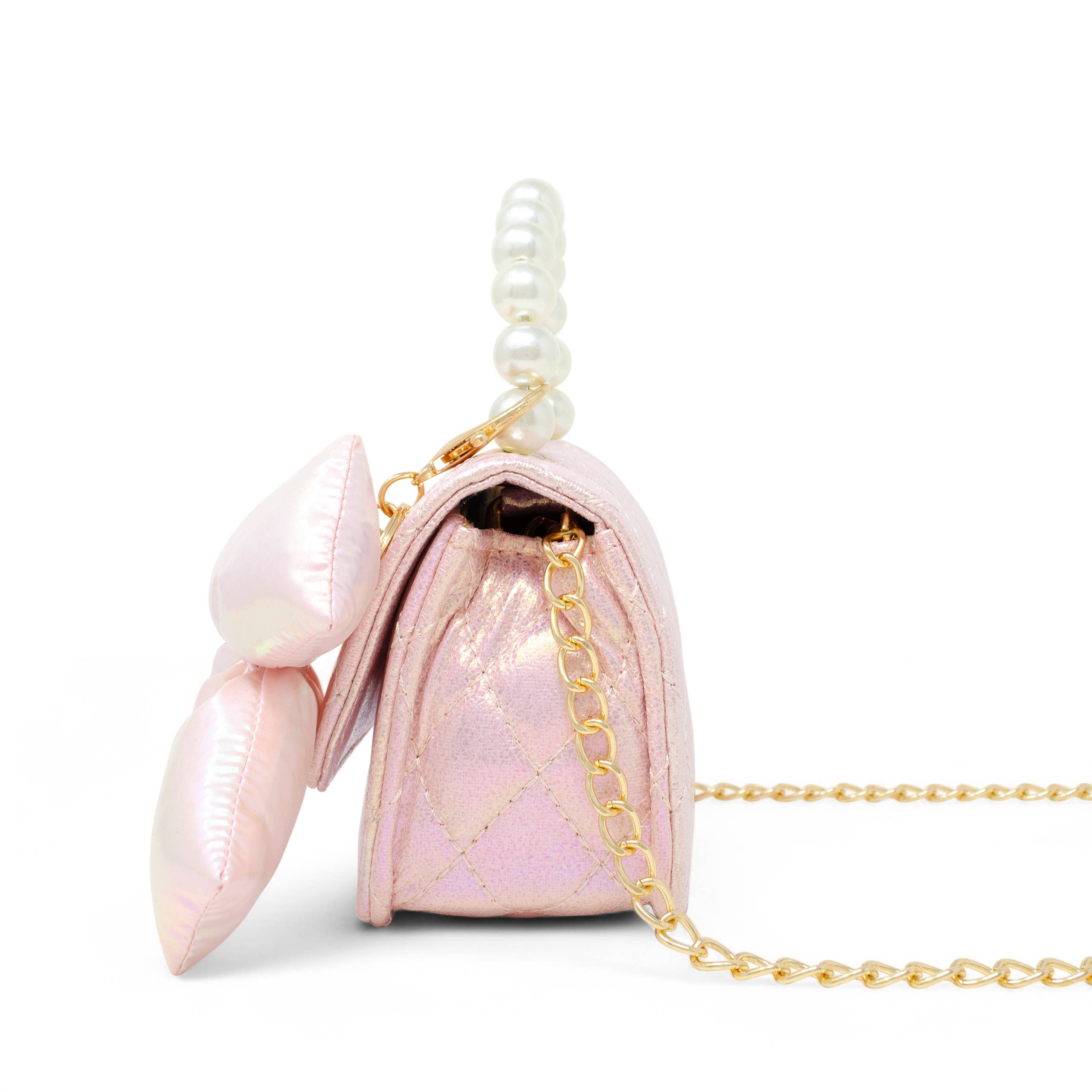 Shiny Quilted Fluffy Bow Handbag: Pink