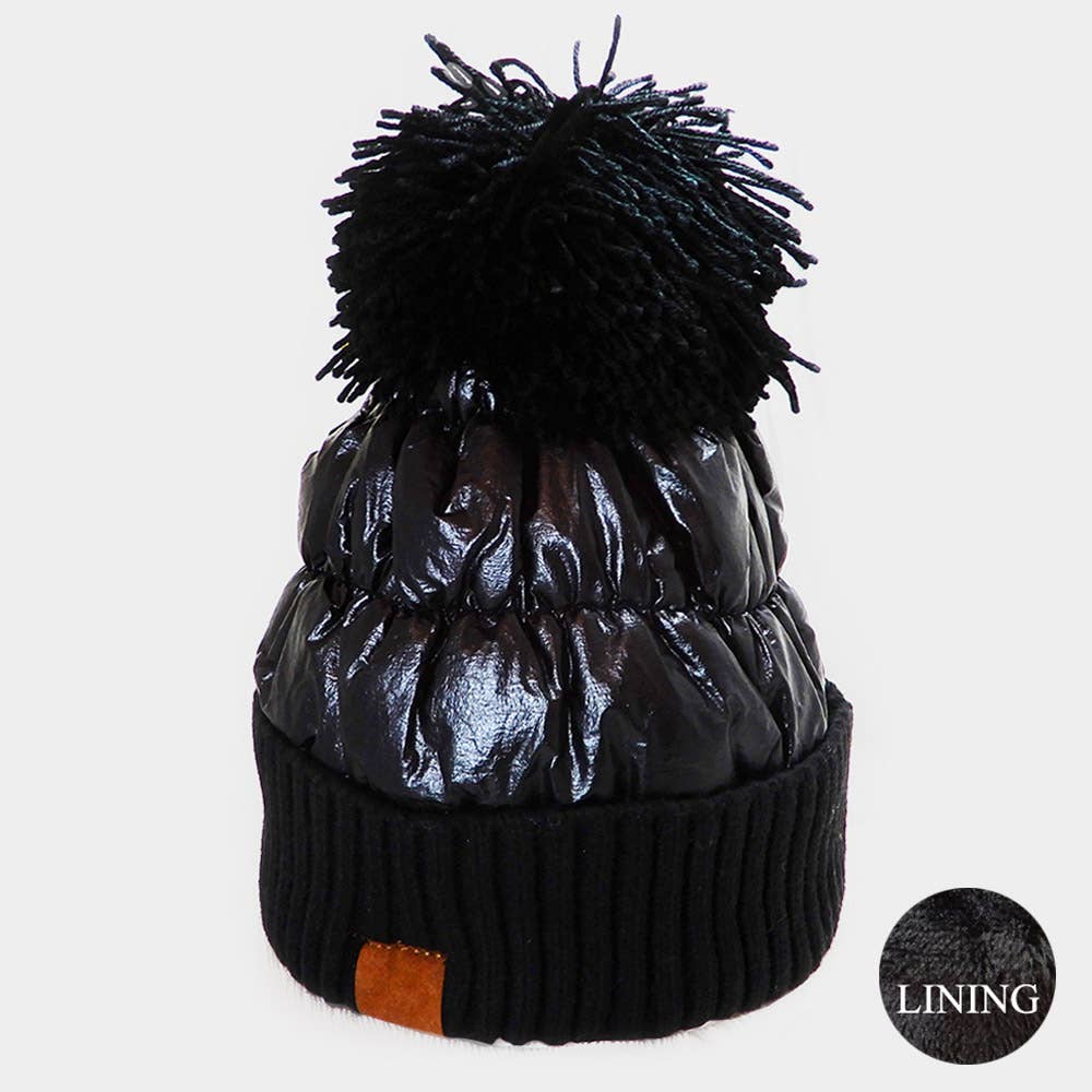 Fleece Lining Puffer Knit Pom Pom Beanie Hat