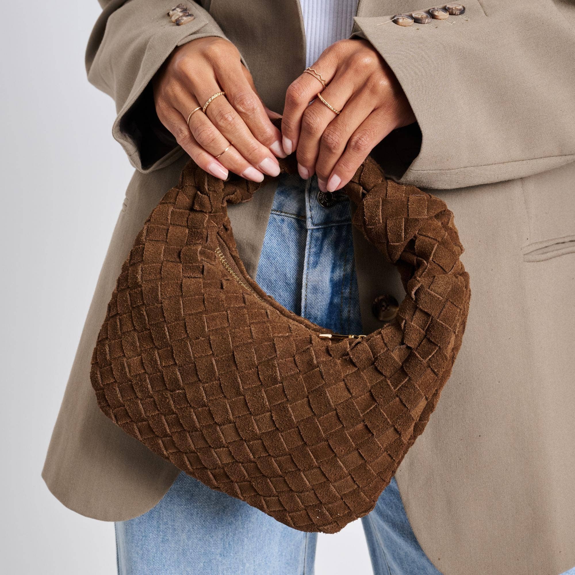 Woven Genuine Suede Leather Clutch - chocolate