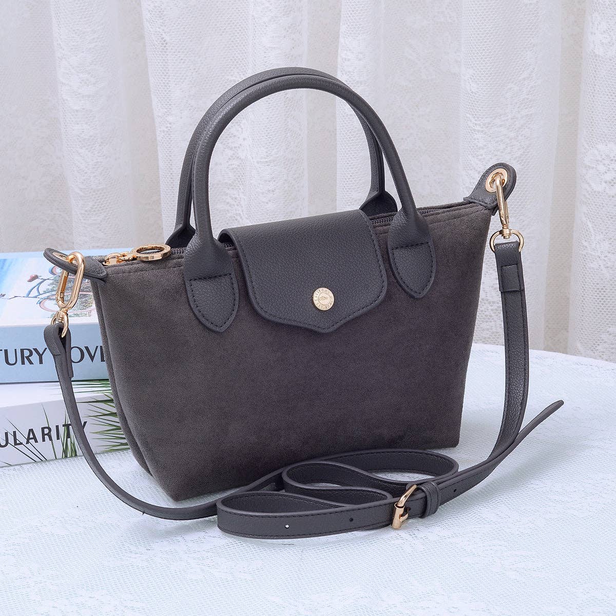 Suede Double Handle Crossbody Bag - graphite