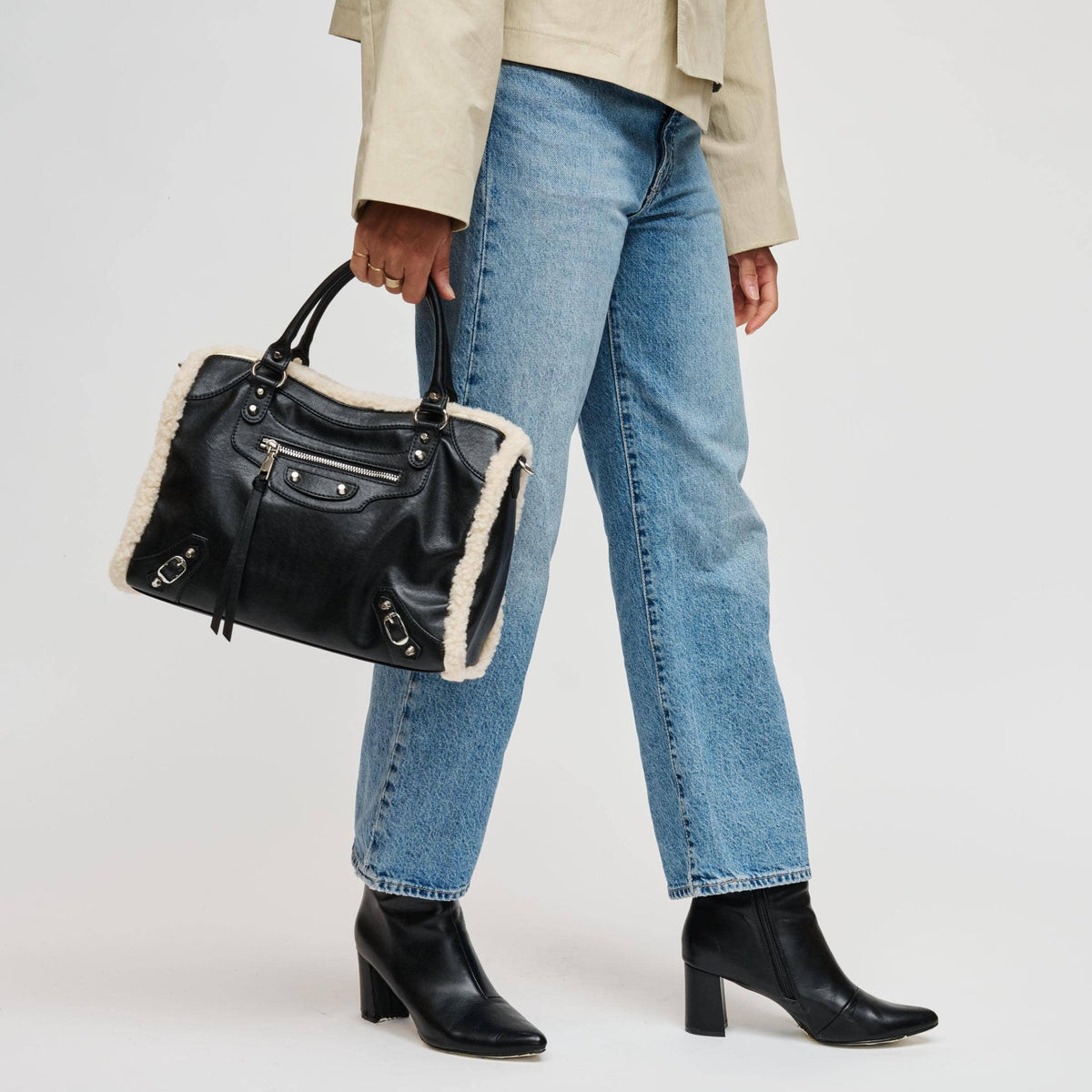 Shearling-trim vegan leather Satchel - black