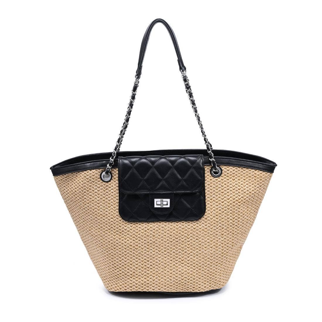 Woven Tote with quilted front pocket - natural black