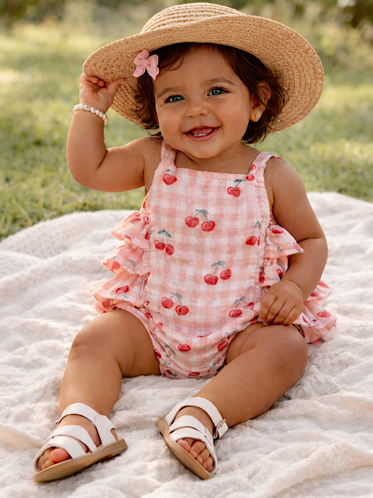 Muslin Ruffle Sunsuit - Gingham Cherries