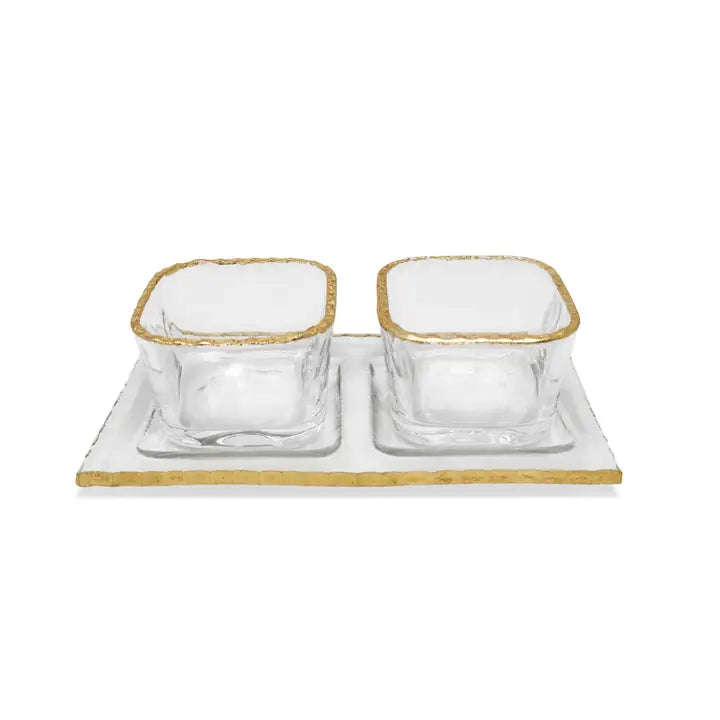 2 Bowl Relish Dish On Tray with Gold Border