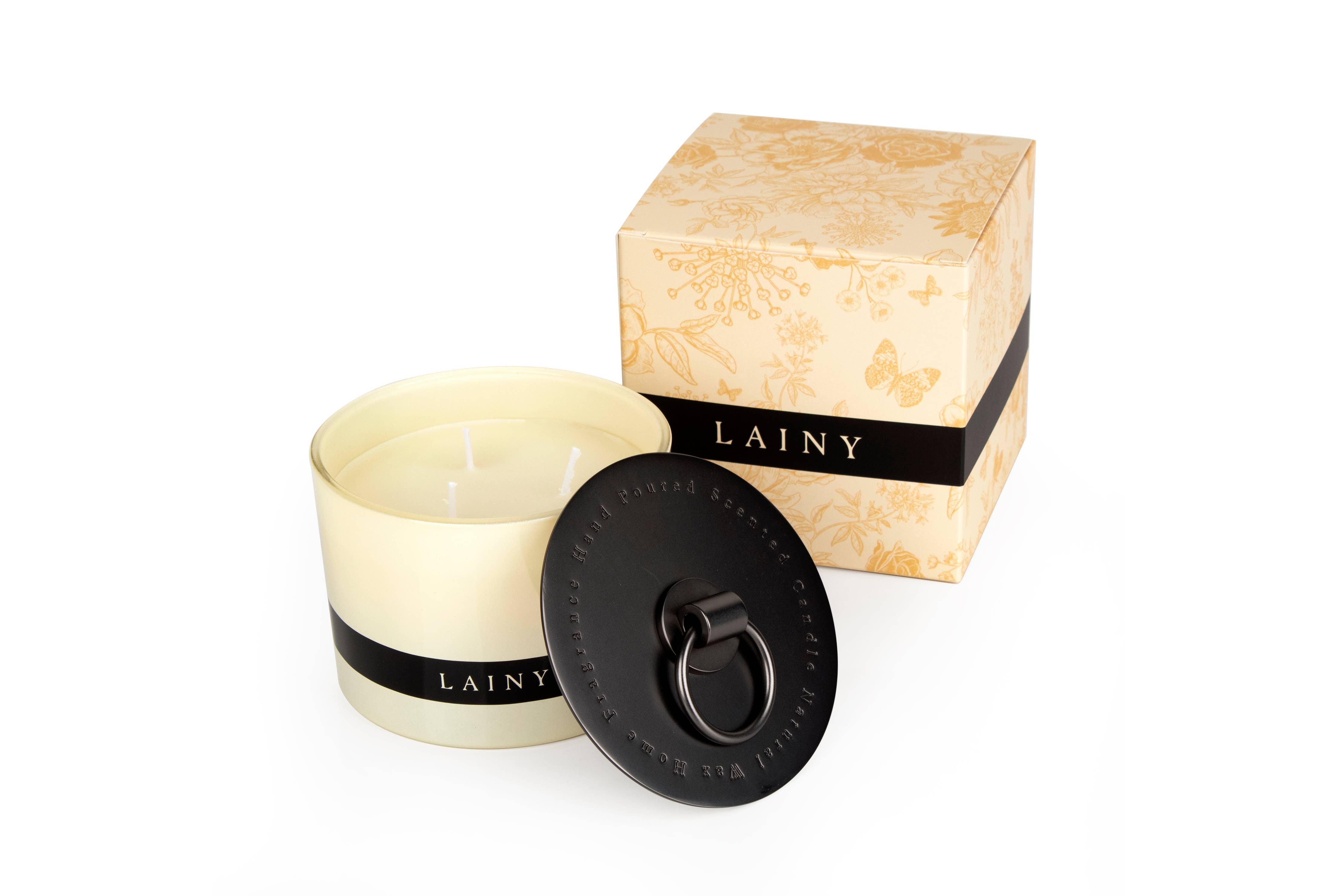 Bougie à 3 mèches parfumée à la vanille et à l'ambre avec couvercle