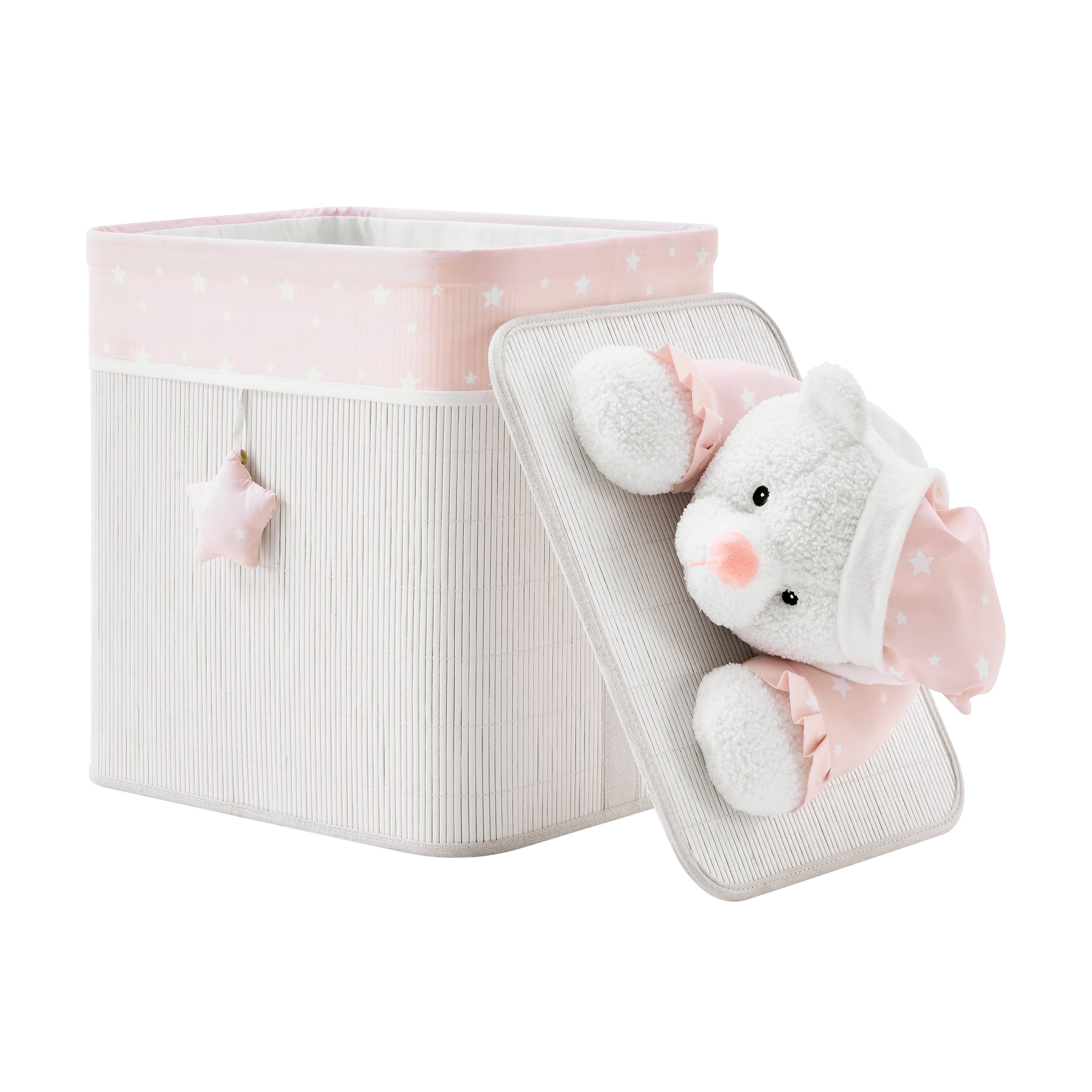 personalized Pink Teddy Bear Plush Bamboo storage box/Hamper