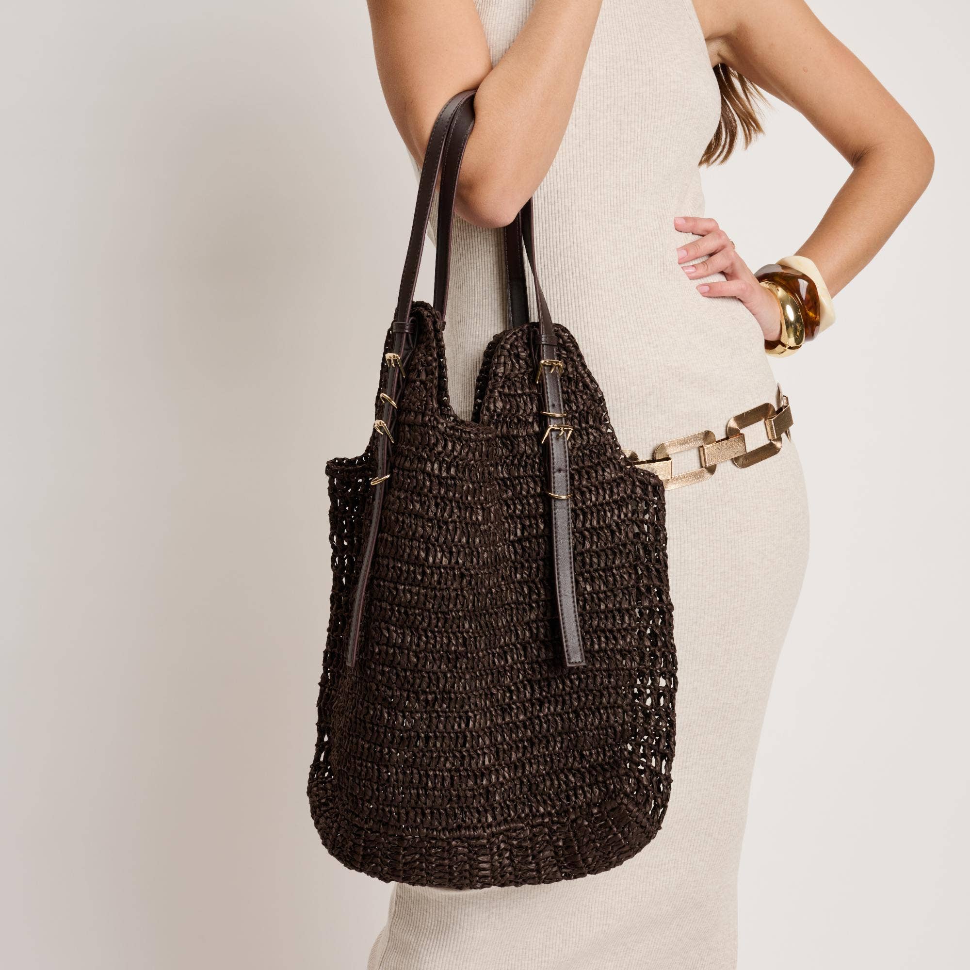 Handwoven Tote with buckle straps - chocolate