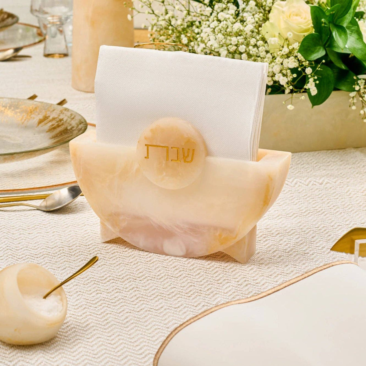 Shabbat Napkin Holder: gold marble resin