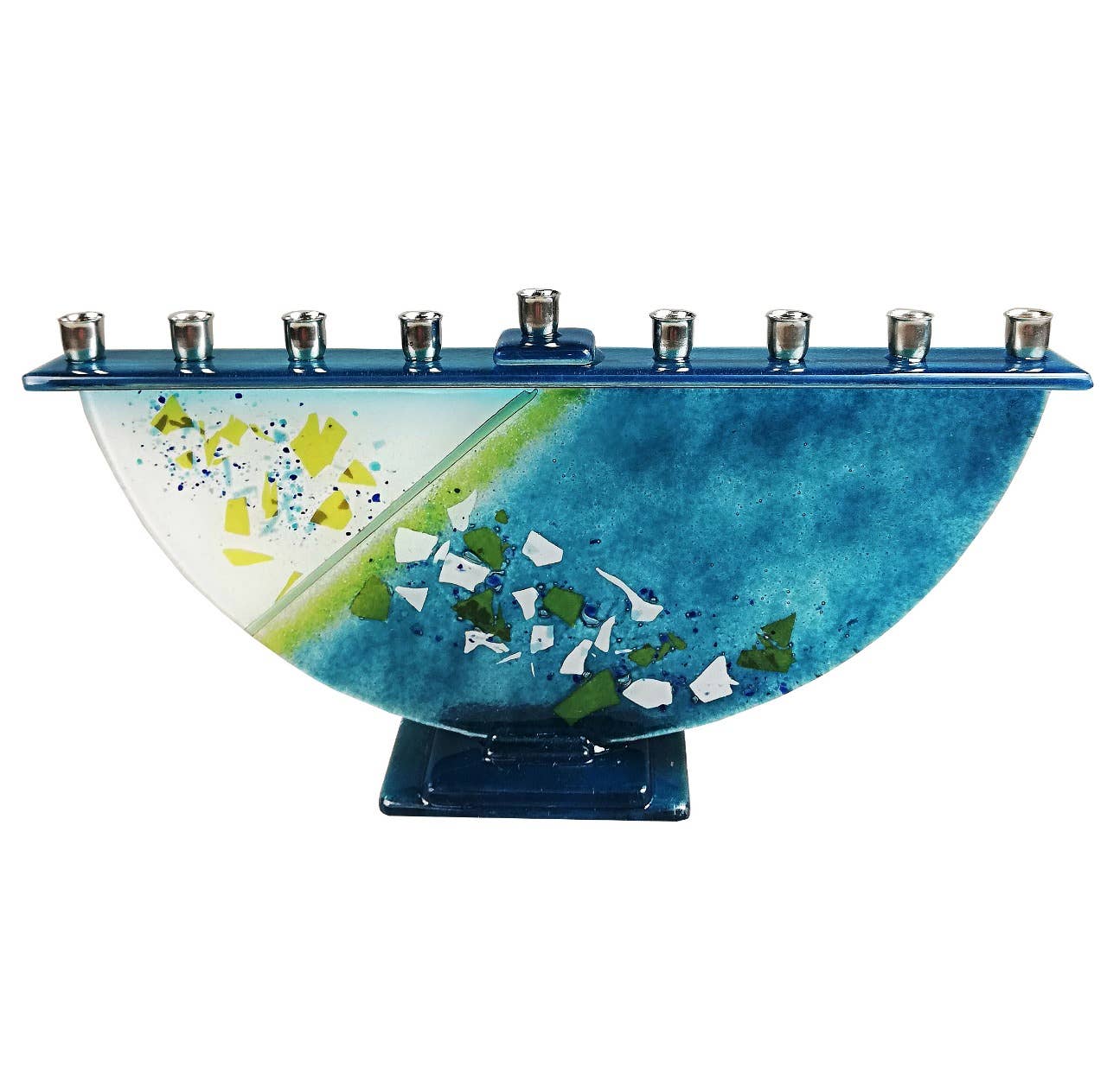 Handmade Fused Glass Menorah - Confetti Blue