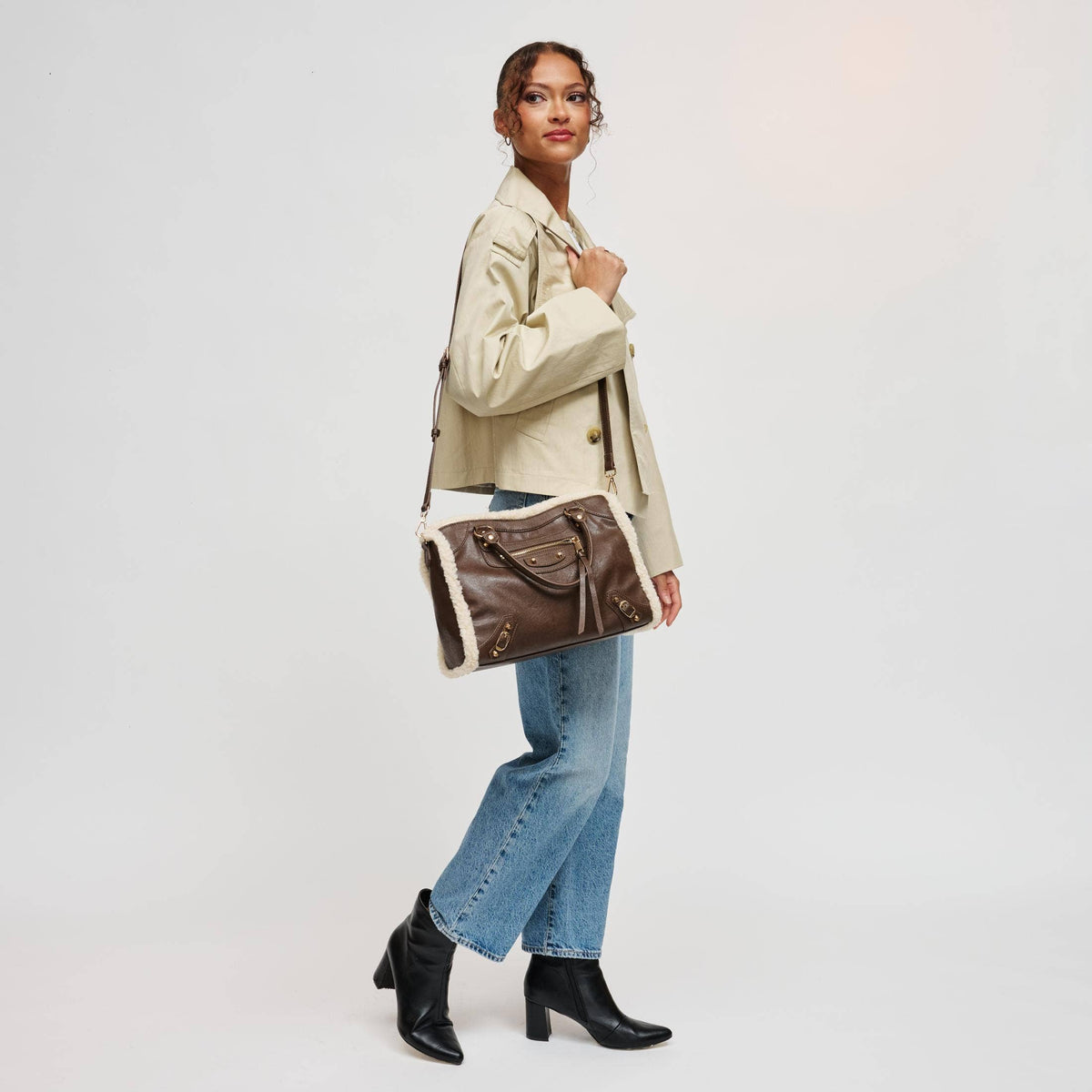 Shearling-trim vegan leather Satchel - chocolate
