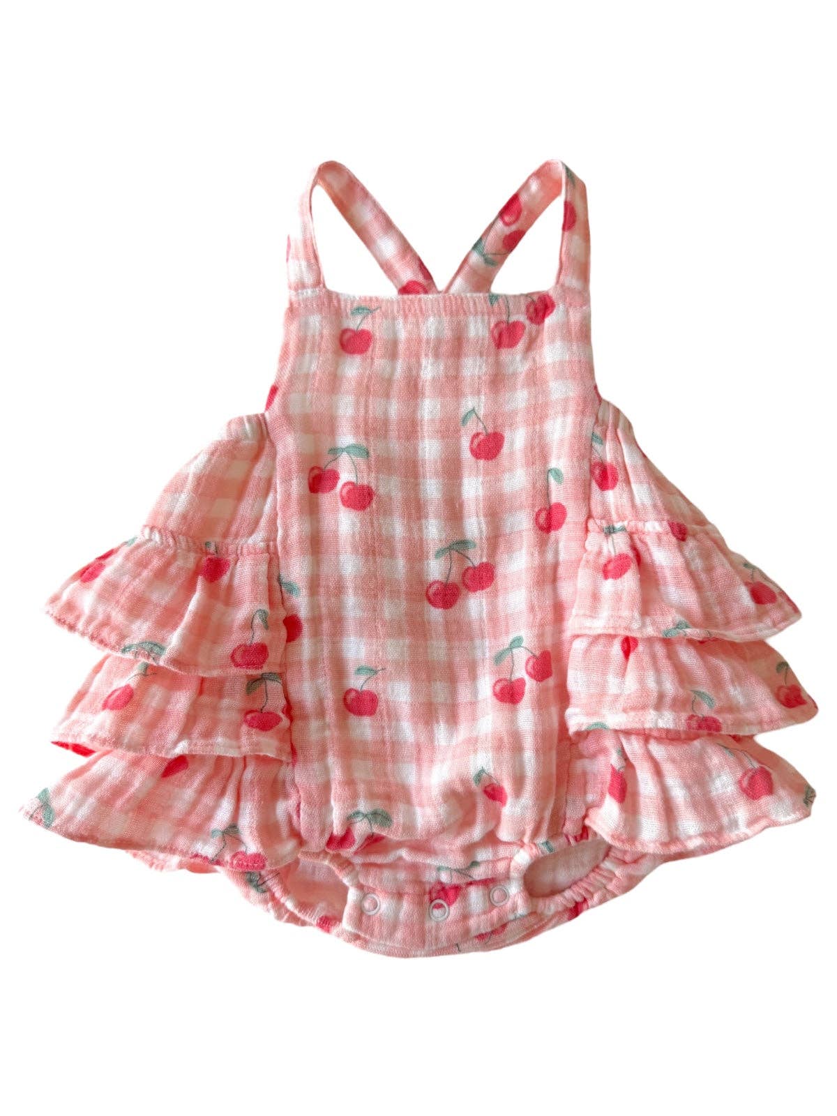 Muslin Ruffle Sunsuit - Gingham Cherries