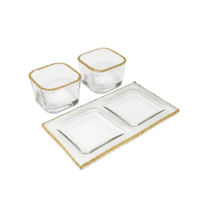 2 Bowl Relish Dish On Tray with Gold Border