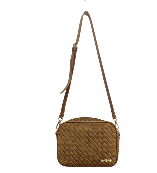 Suede Woven Camera Crossbody Bag - camel