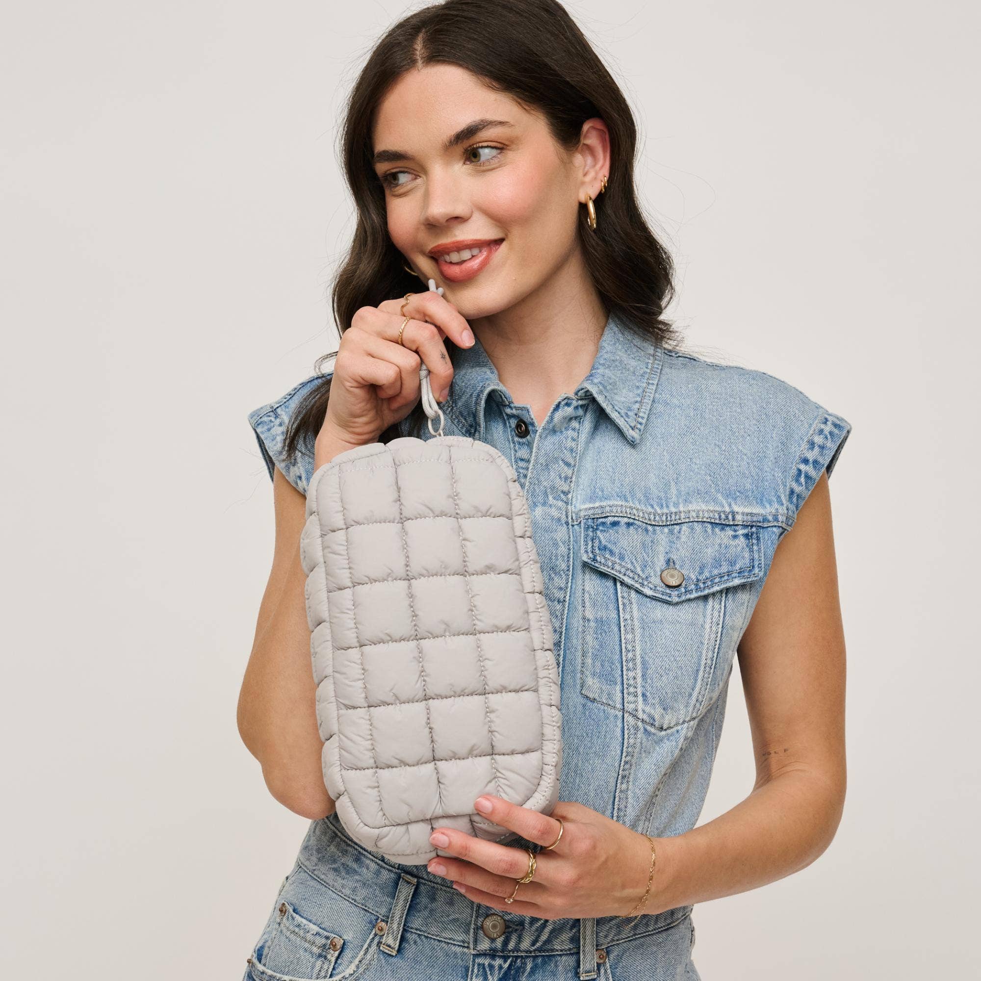 Cloud Nine Quilted Puffer Nylon Cosmetic Pouch - dove grey