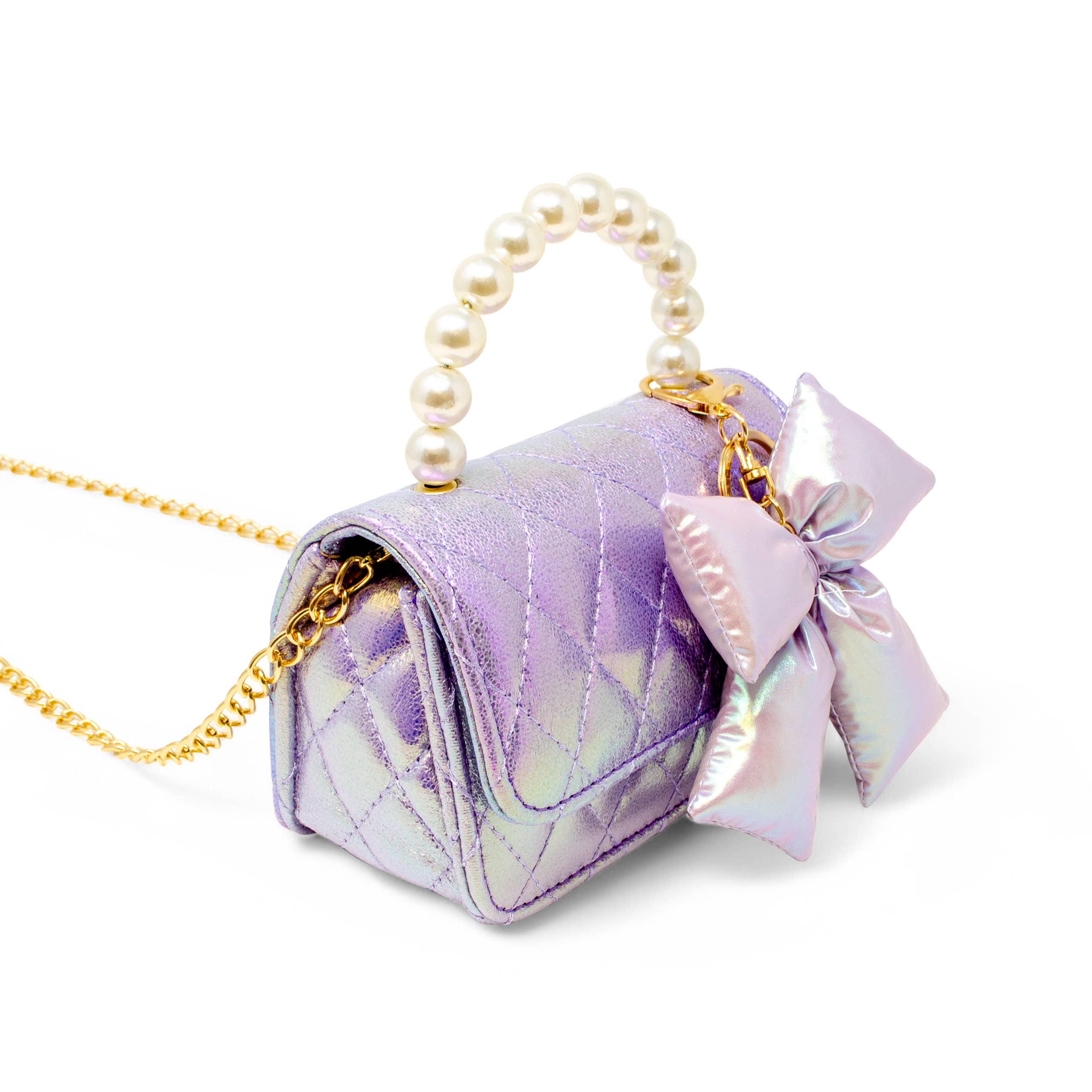 Shiny Quilted Fluffy Bow Handbag: Purple