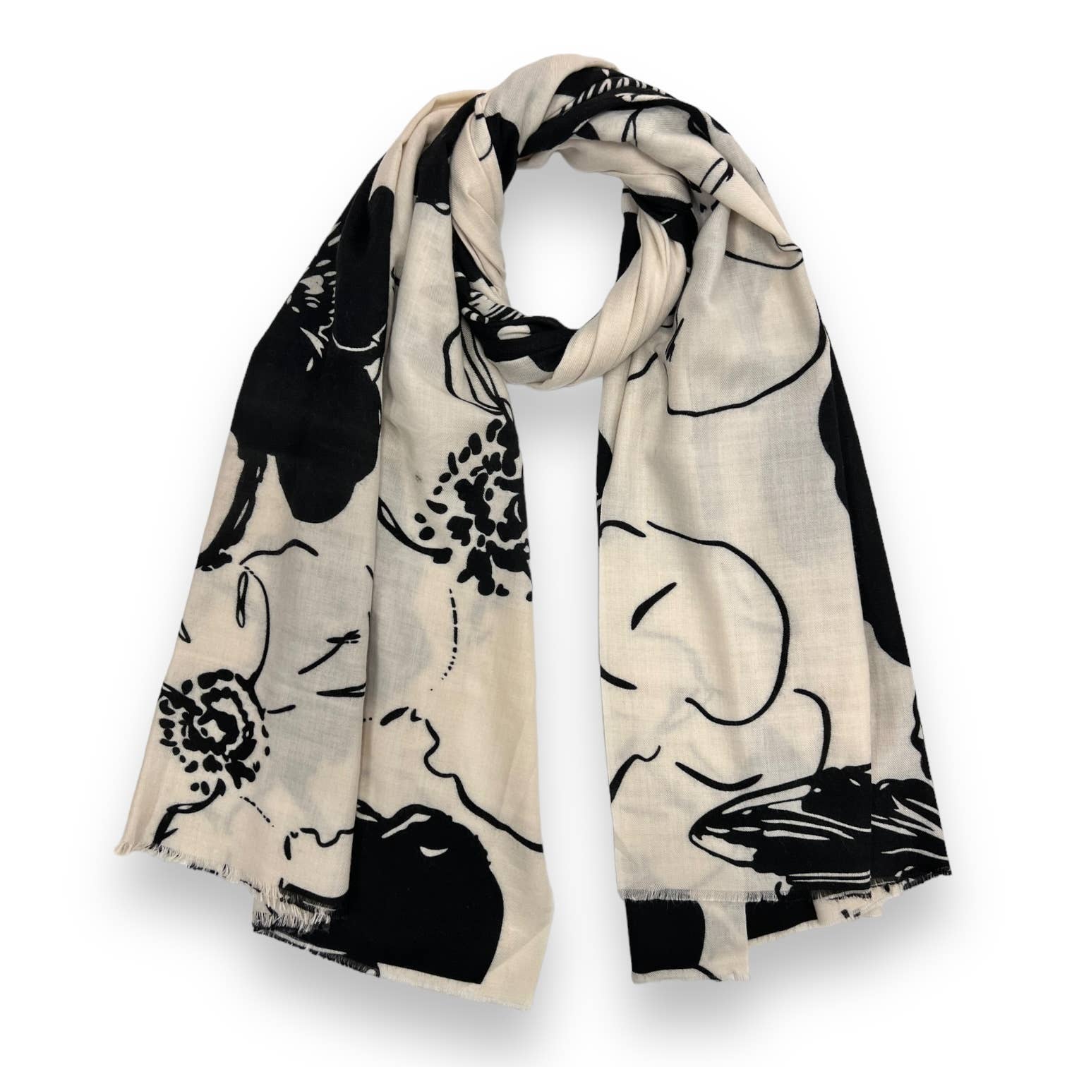 Flower sketch print on medium weight scarf: Black
