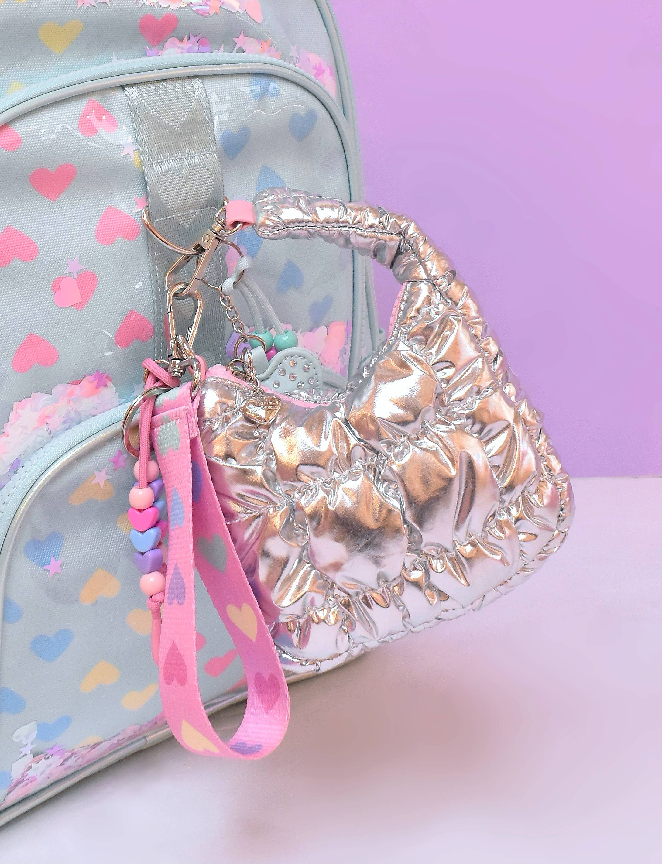 Ensemble de breloques de sac matelassées mini hobo argentées métallisées