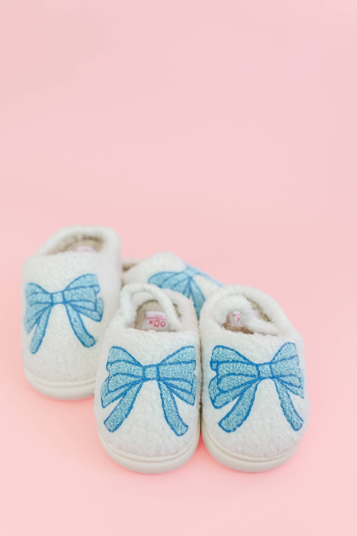 Fuzzy Plush Slippers with Blue Bow