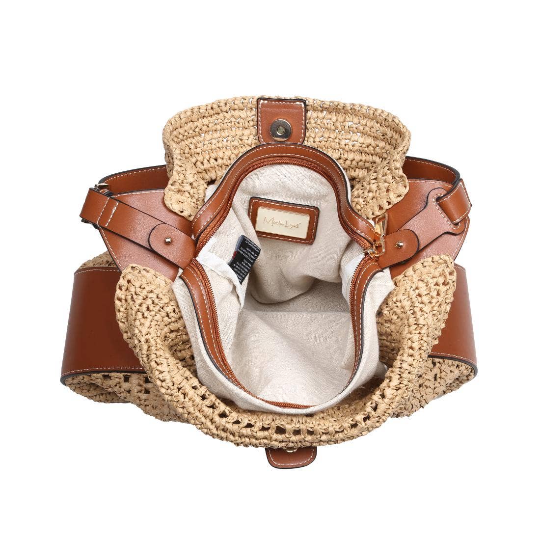 Straw woven Hobo tote bag - brown trim