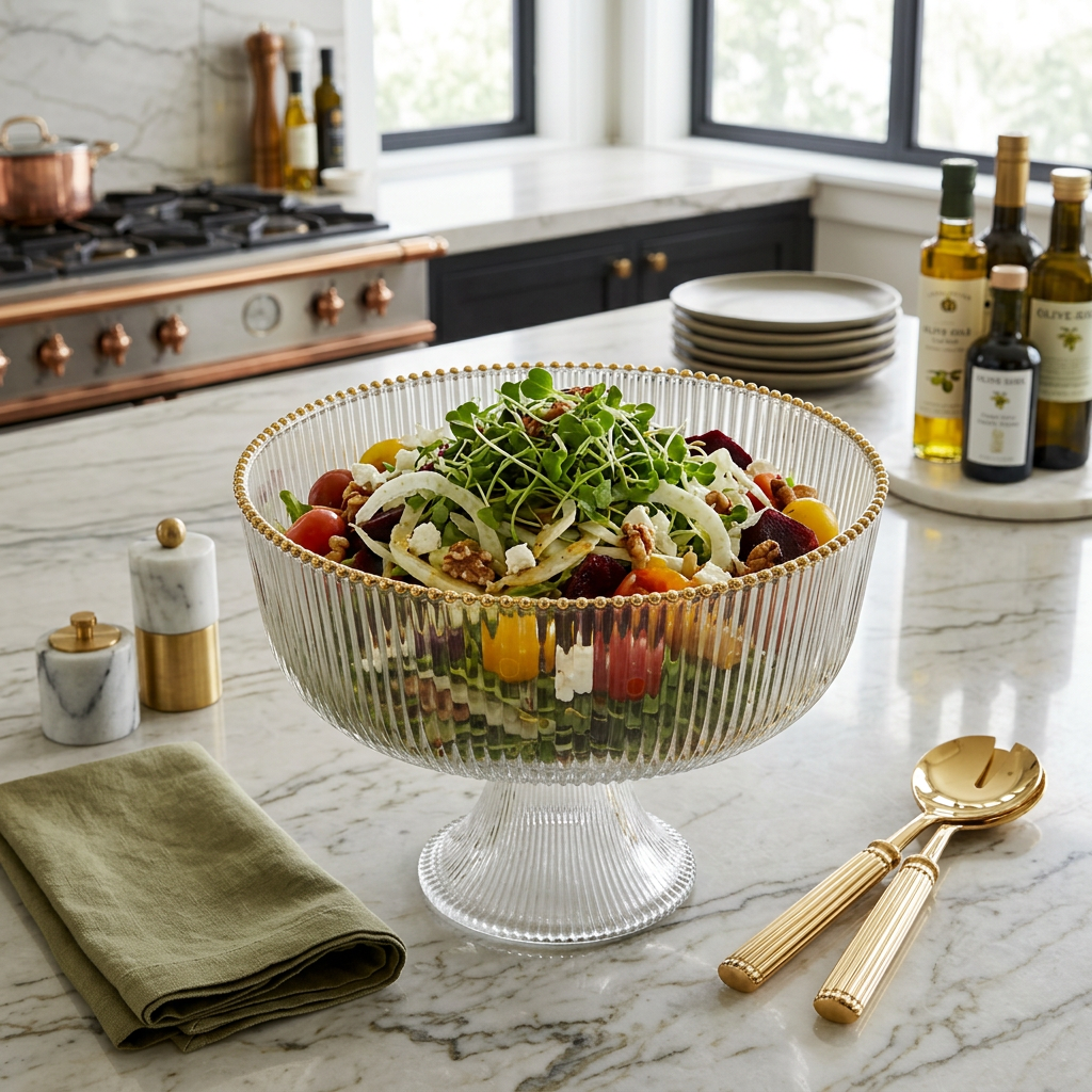 Footed Glass Salad Bowl Straight Cut, Ribbed with Gold Rim