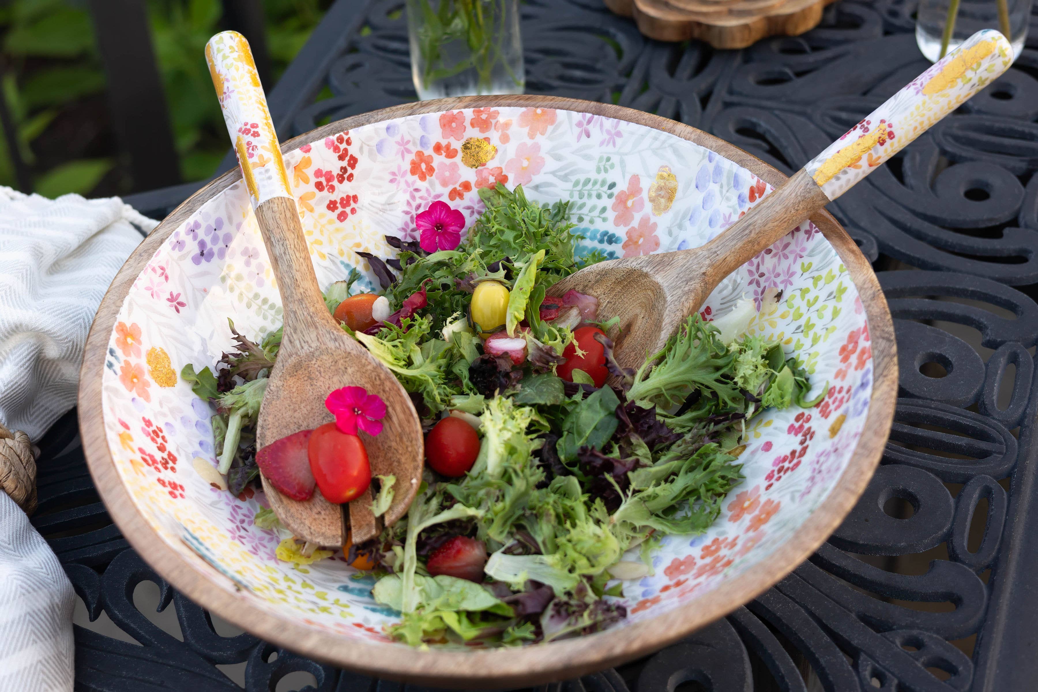 Large Floral Gold Foil Bowl and Salad Servers Set