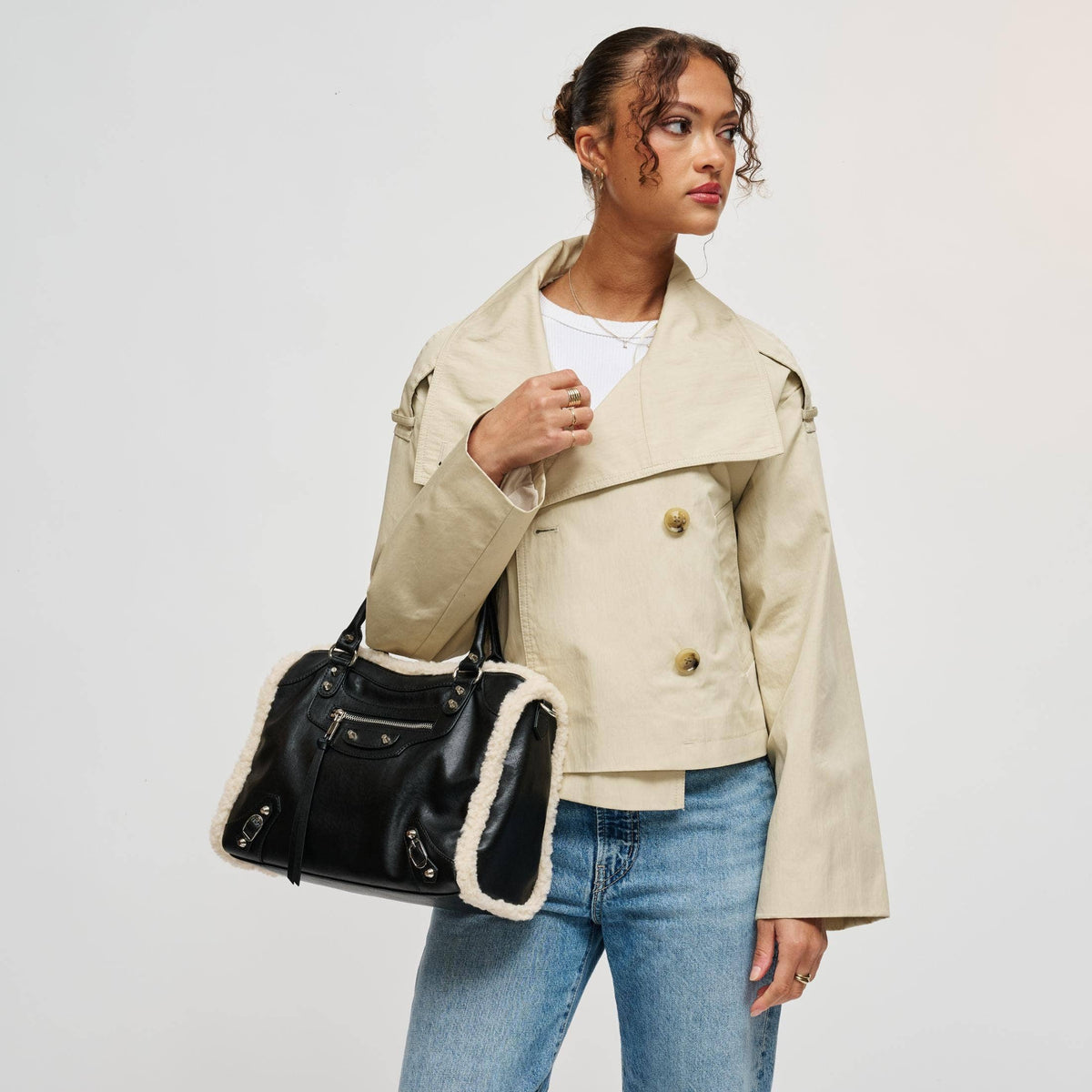 Shearling-trim vegan leather Satchel - black