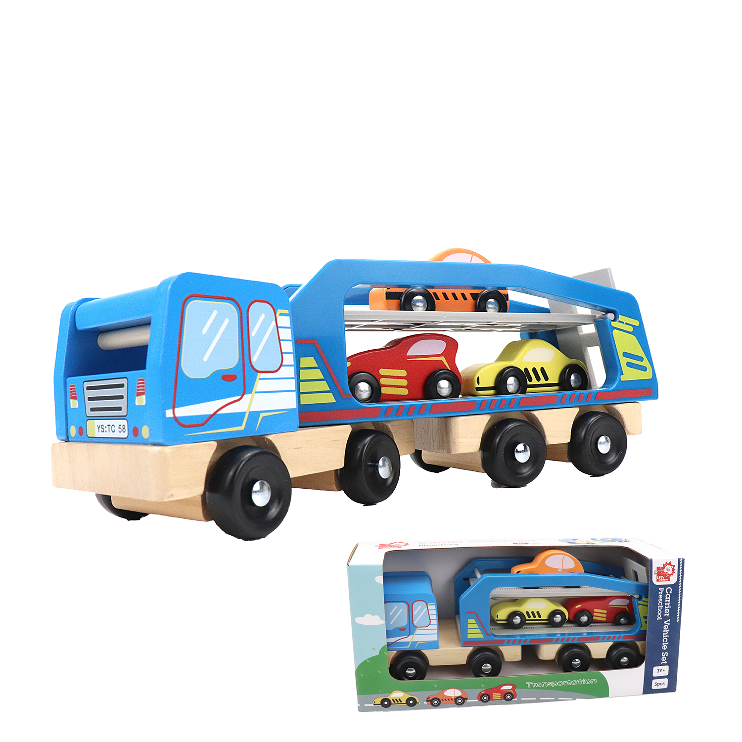 Wooden Car Carrier Set, 5-Piece Car and Truck Set